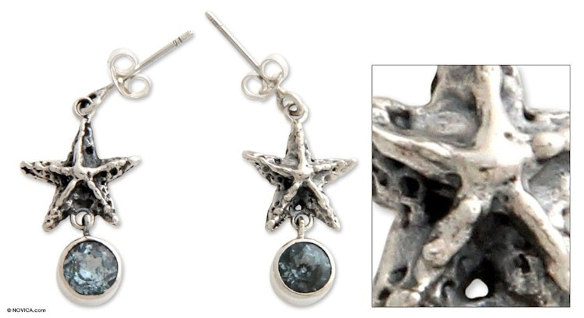 Artisan Crafted Silver and Blue Topaz Dangle Earrings 'Balinese Starfish'