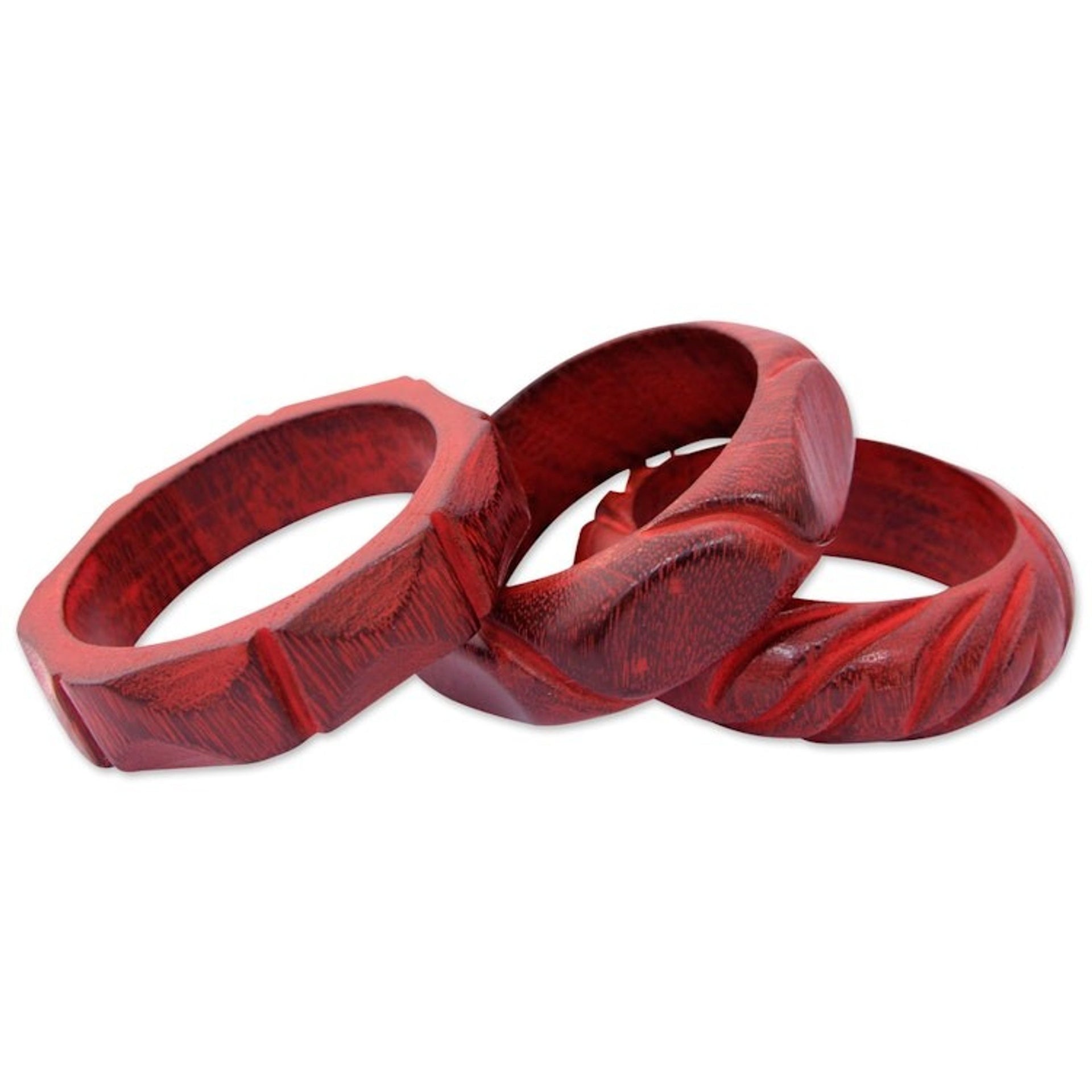 Hand Carved Mango Wood Bangle Bracelets India Set of 3 'Indian Romance'