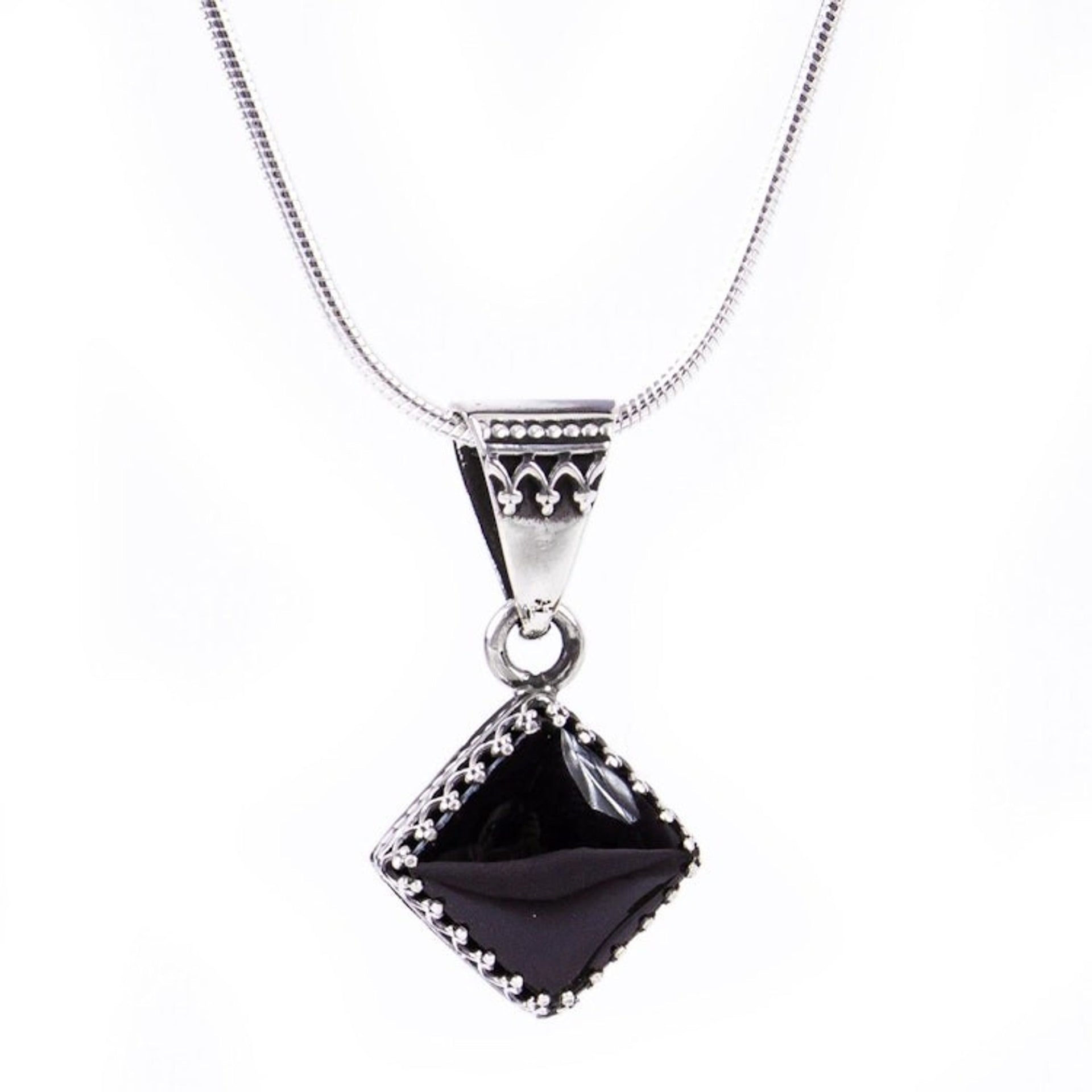 Taxco Silver and Obsidian Pendant Necklace from Mexico 'Black Splendor'