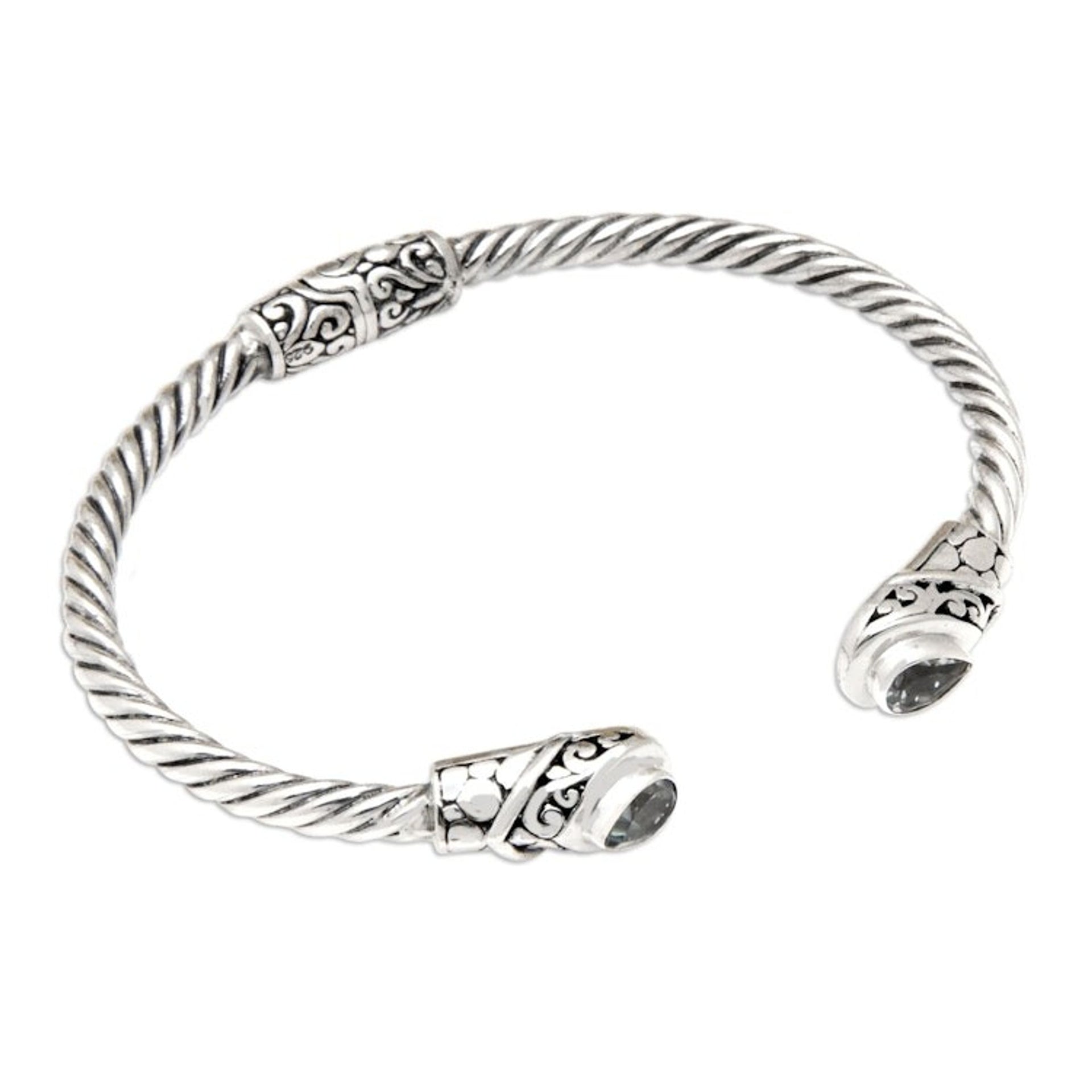 Balinese Sterling Silver Cuff Bracelet with Blue Topaz Gems 'Loyal Fates'