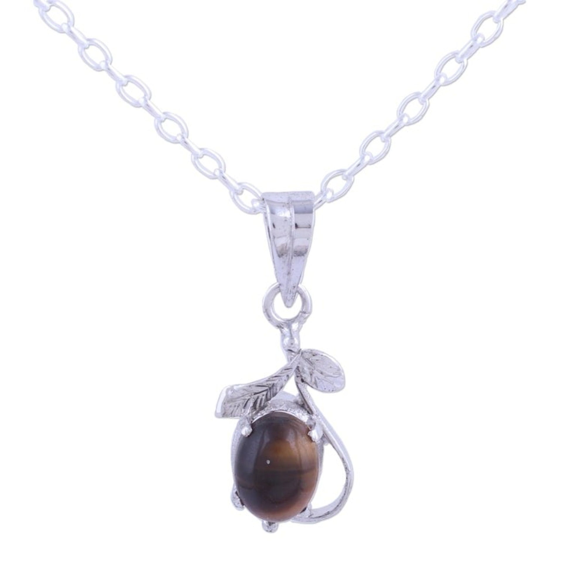 Rhodium Plated Tiger's Eye Leaf Necklace from India 'Forest Earth'