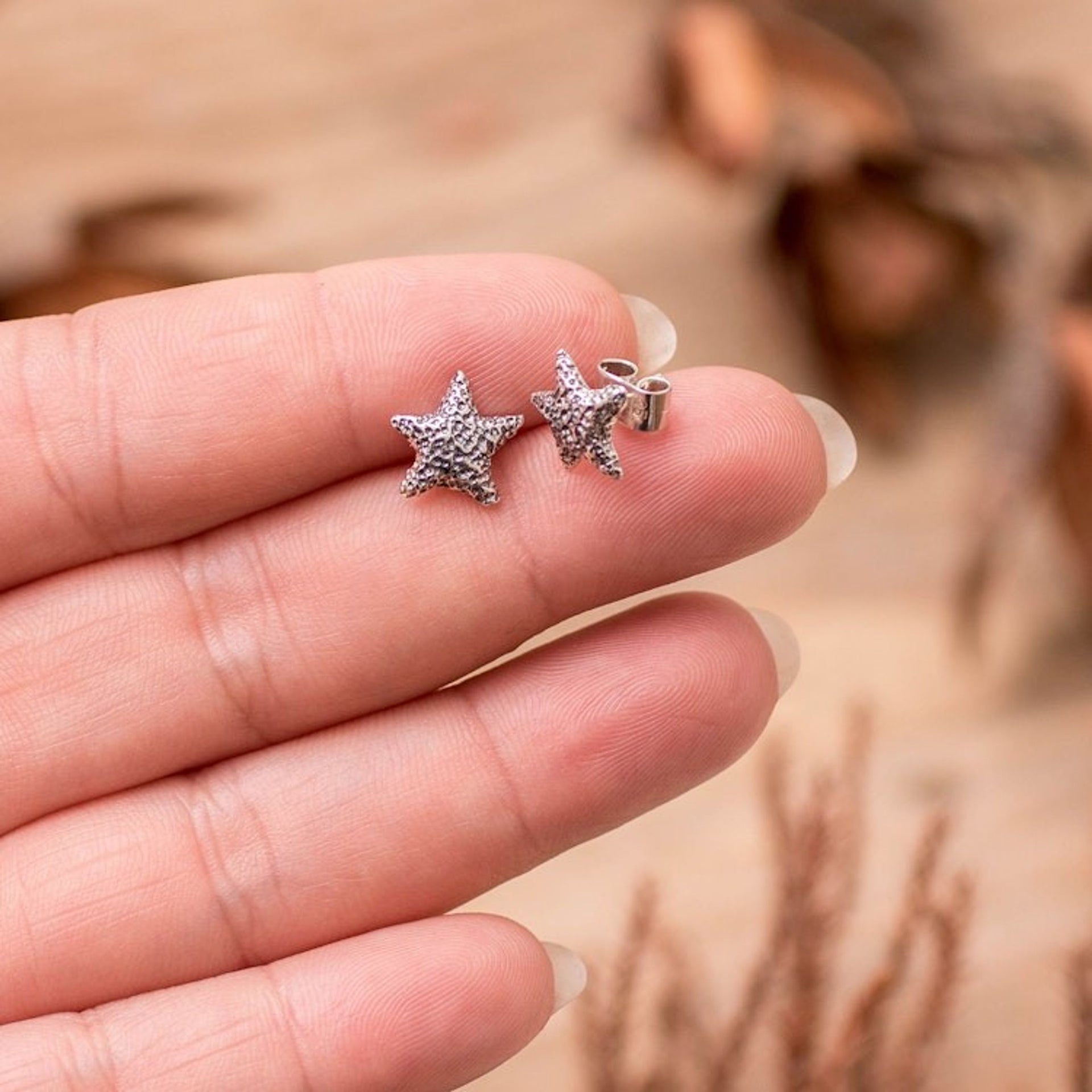 Starfish-Inspired Textured Sterling Silver Stud Earrings 'Ocean Stardom'