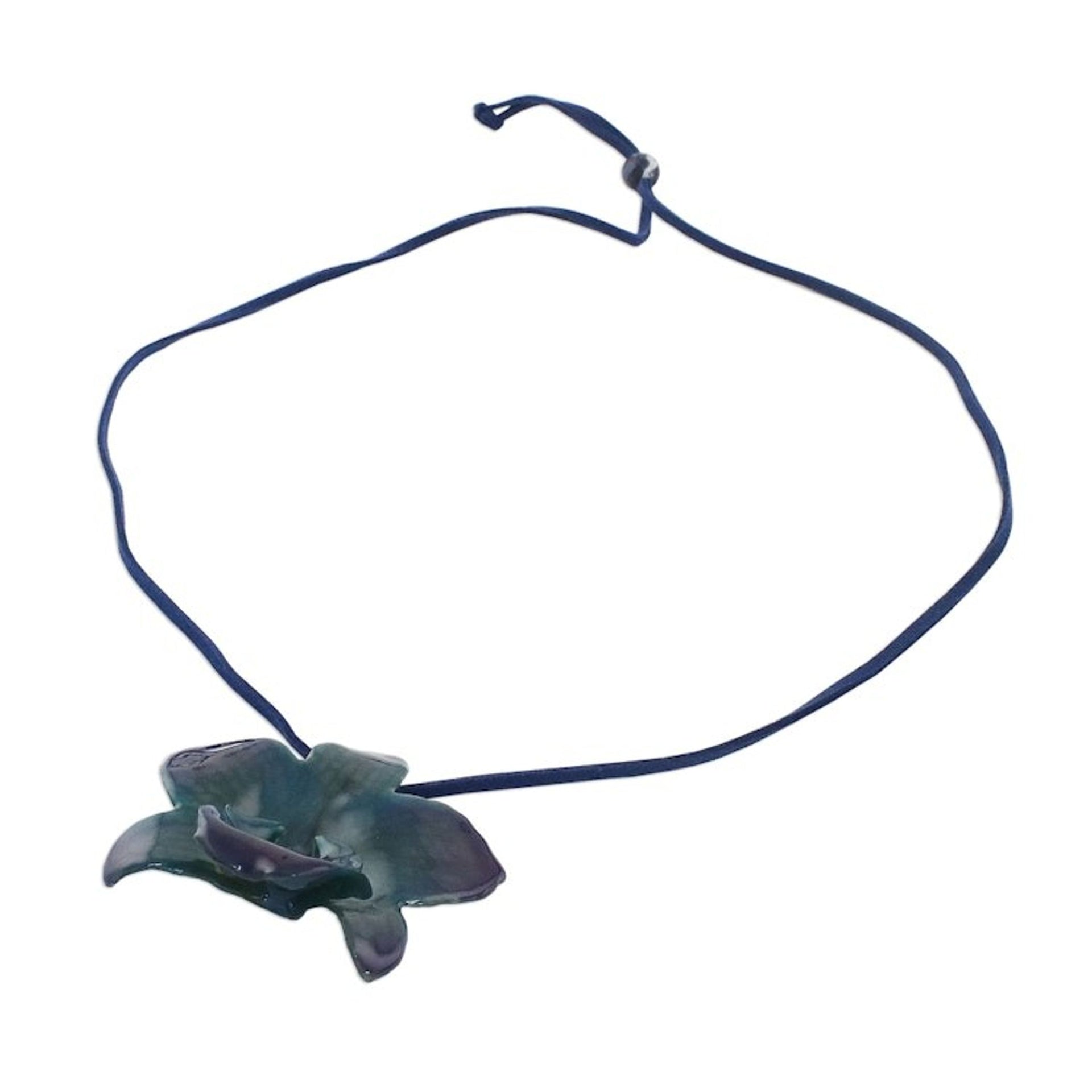 Handmade Natural Orchid Flower Long Pendant Necklace 'Indigo Blossom'