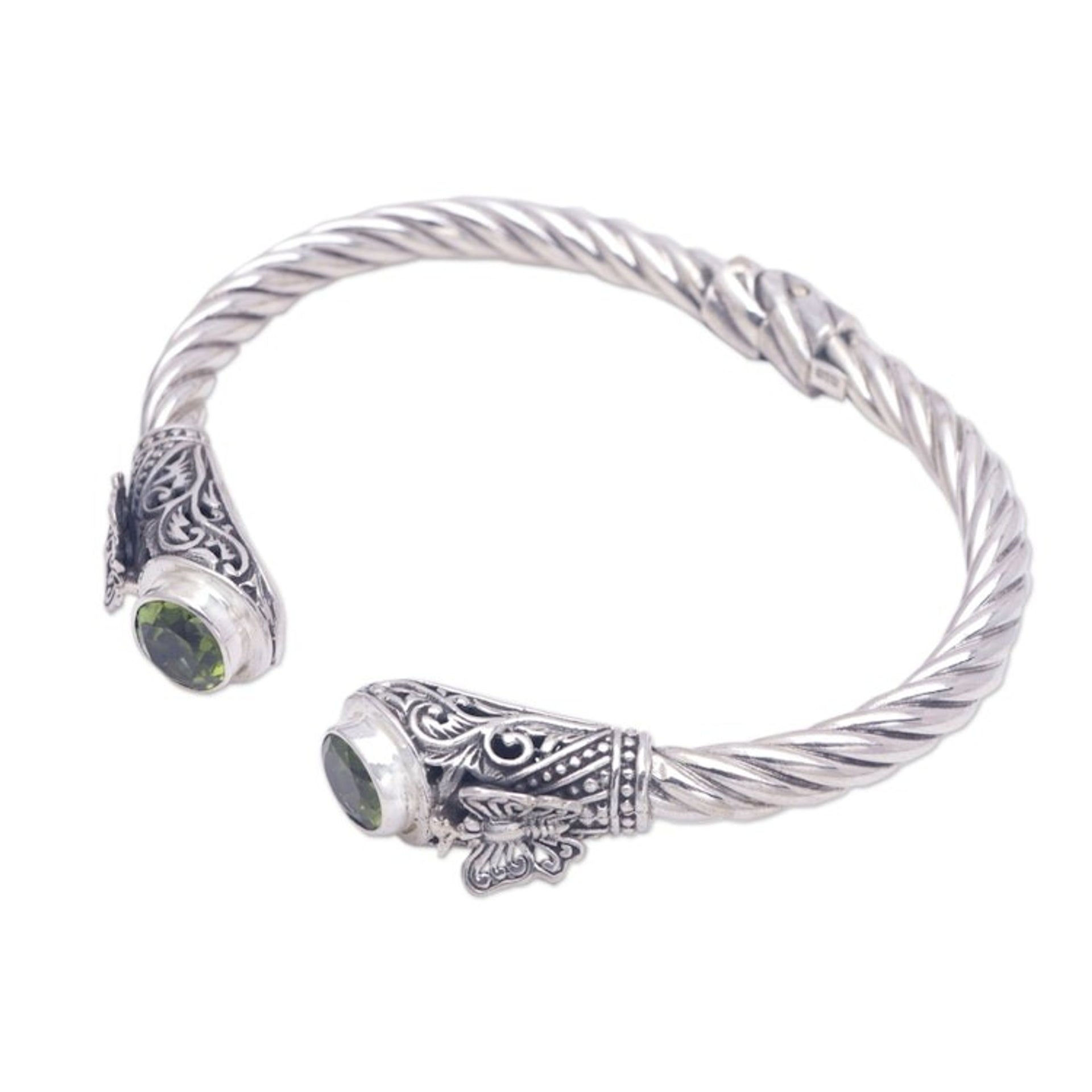 Sterling Silver Butterfly Cuff Bracelet with Peridot Stones 'Green Butterfly'