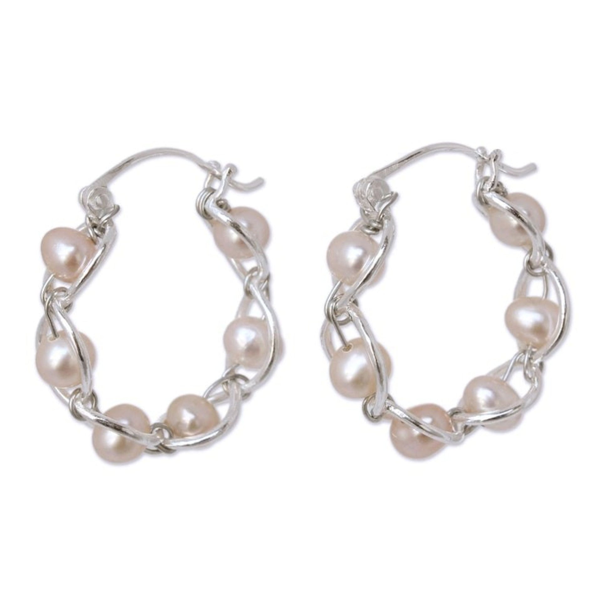Sterling Silver and Pearl Hoop Earrings 'Peach Twist'