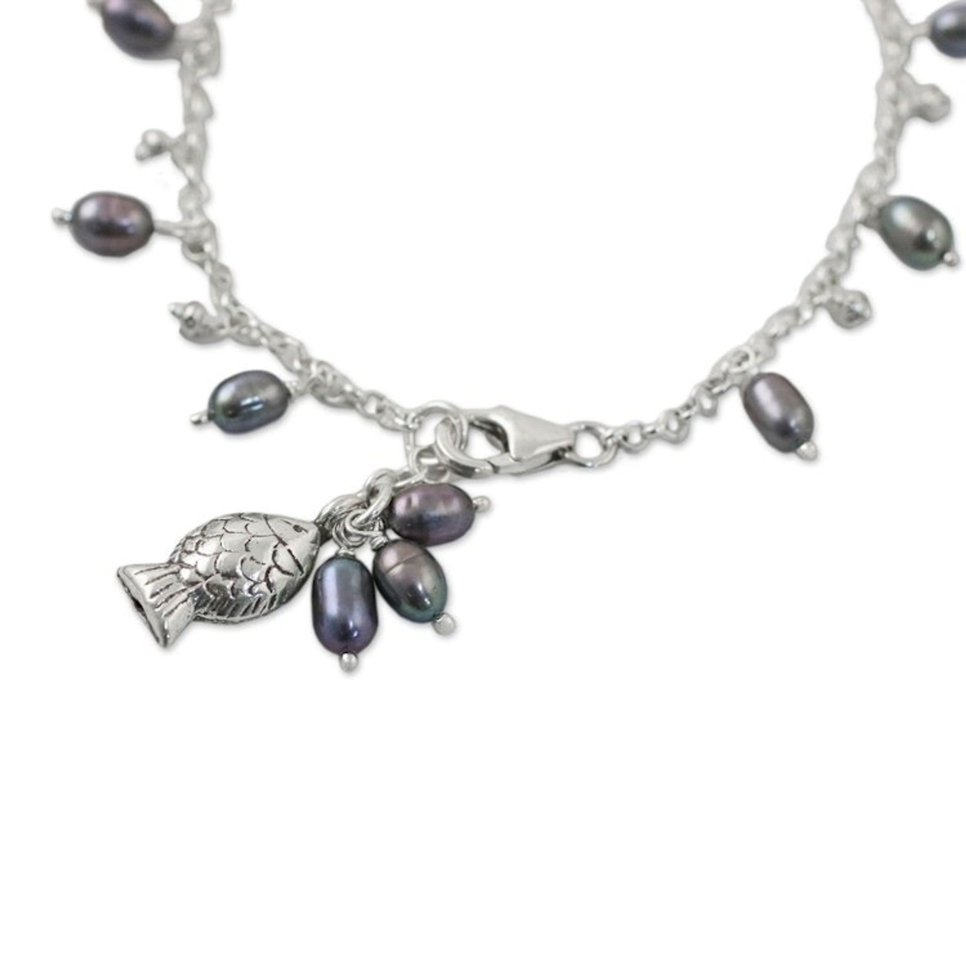 Fish Cultured Pearl Charm Bracelet in Grey from Thailand 'Gleaming Fish in Grey'