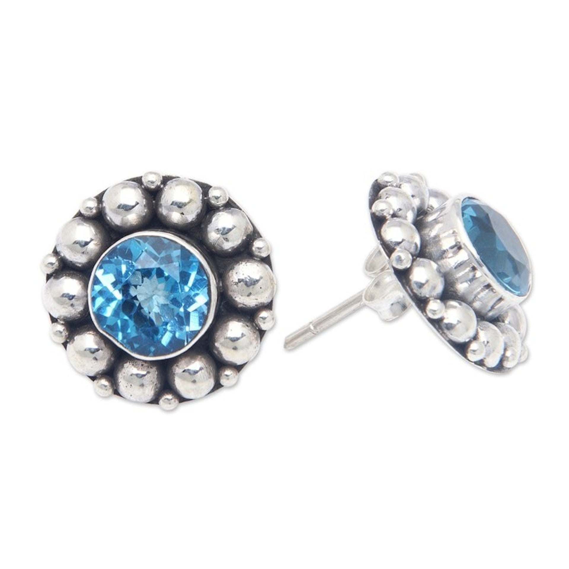 Blue Topaz Button Earrings with Sterling Silver Beads 'Azure Fancy Flower'