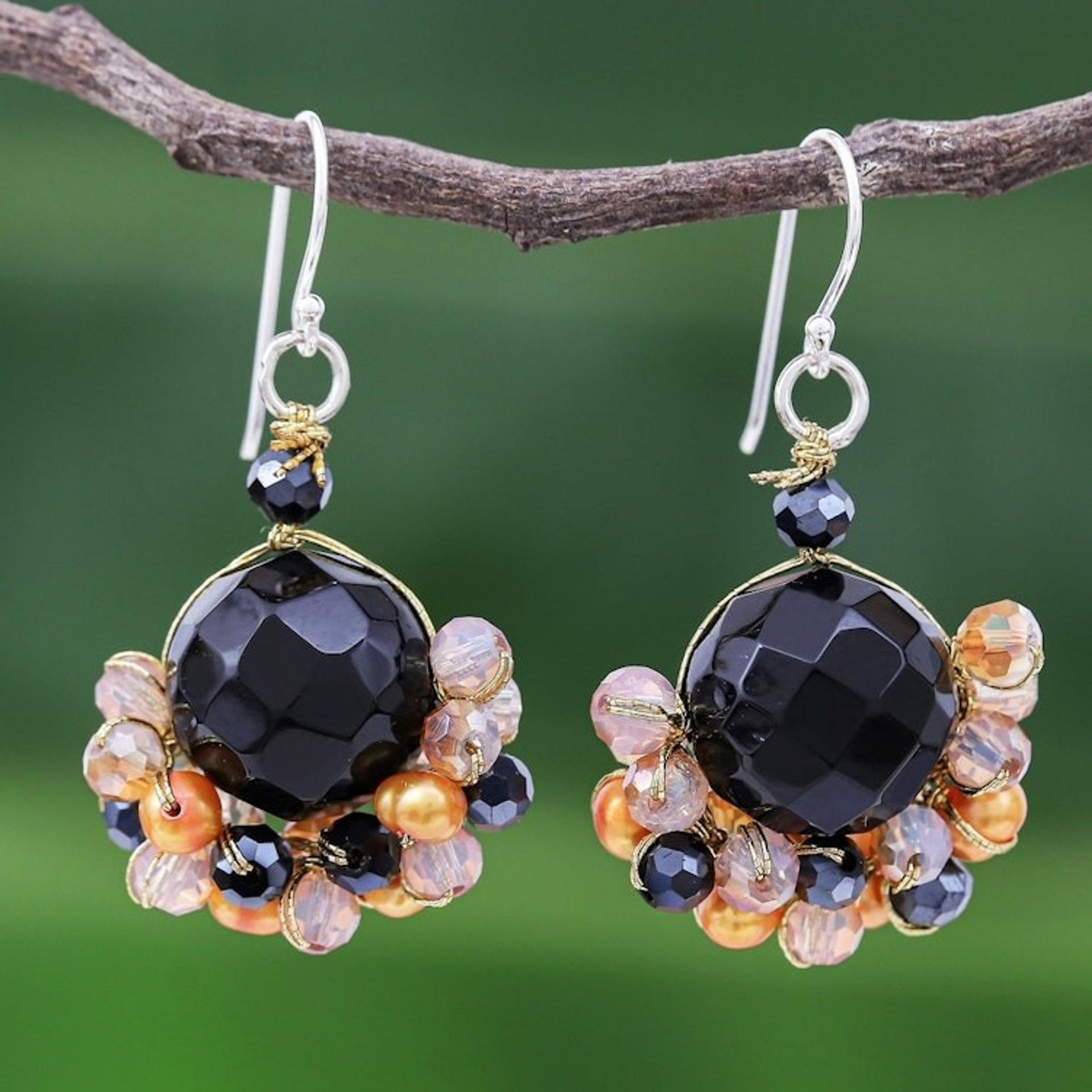 Black Onyx and Orange Freshwater Pearl Dangle Earrings 'Vivid Dream in Orange'