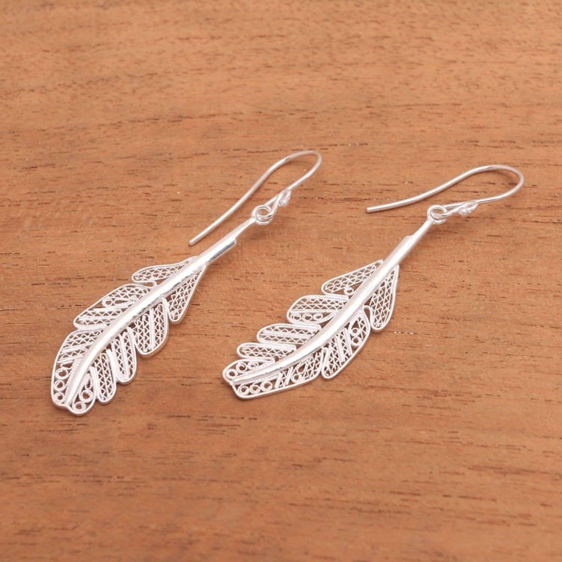 Sterling Silver Filigree Feather Dangle Earrings from Java 'Gleaming Feathers'