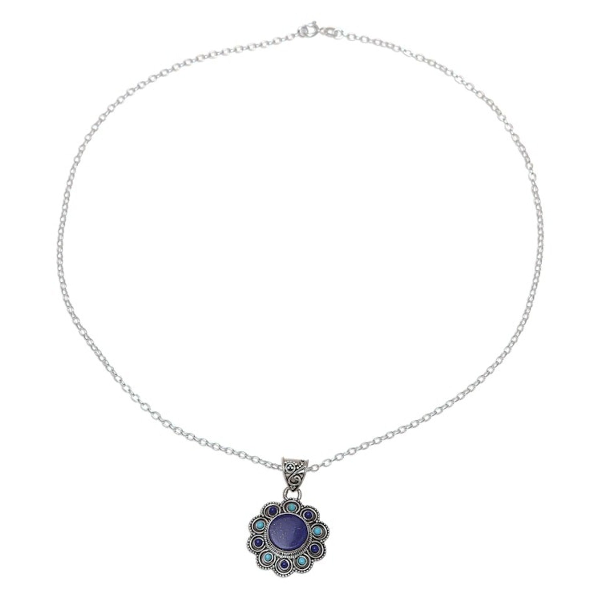 Lapis Lazuli and Composite Turquoise Flower Pendant Necklace 'Magical Bloom'