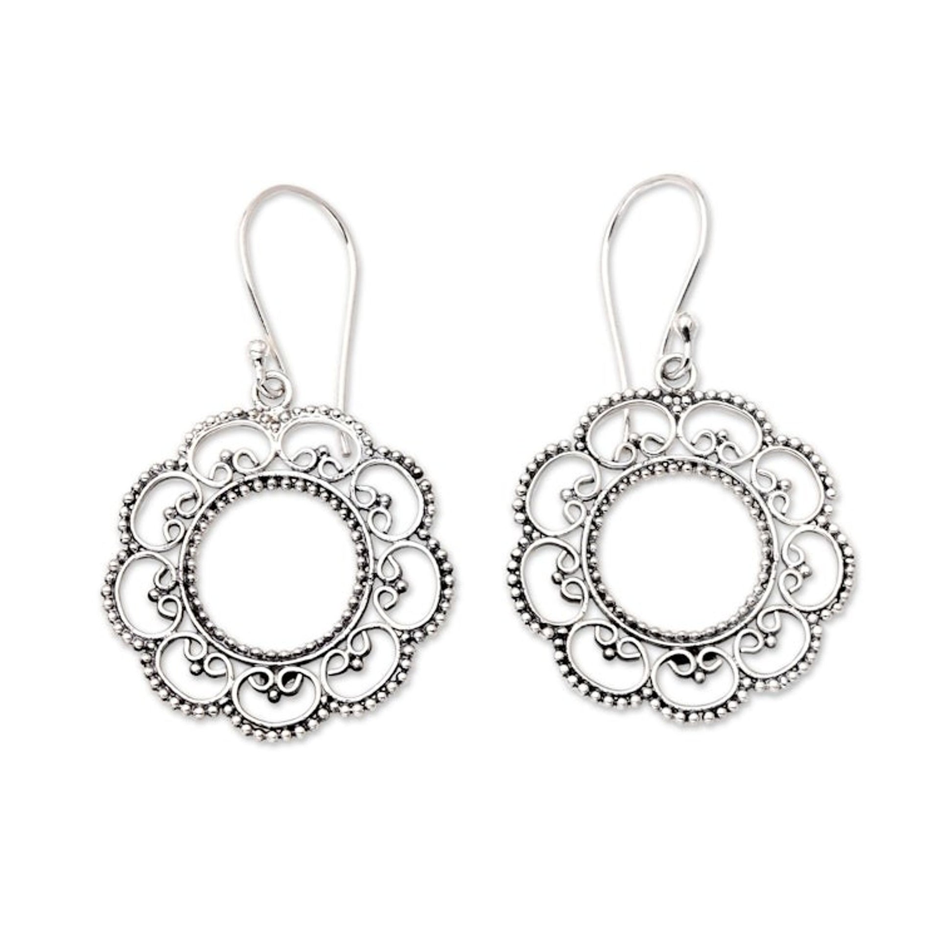 Floral Sterling Silver Dangle Earrings 'Lacy Sunflower'