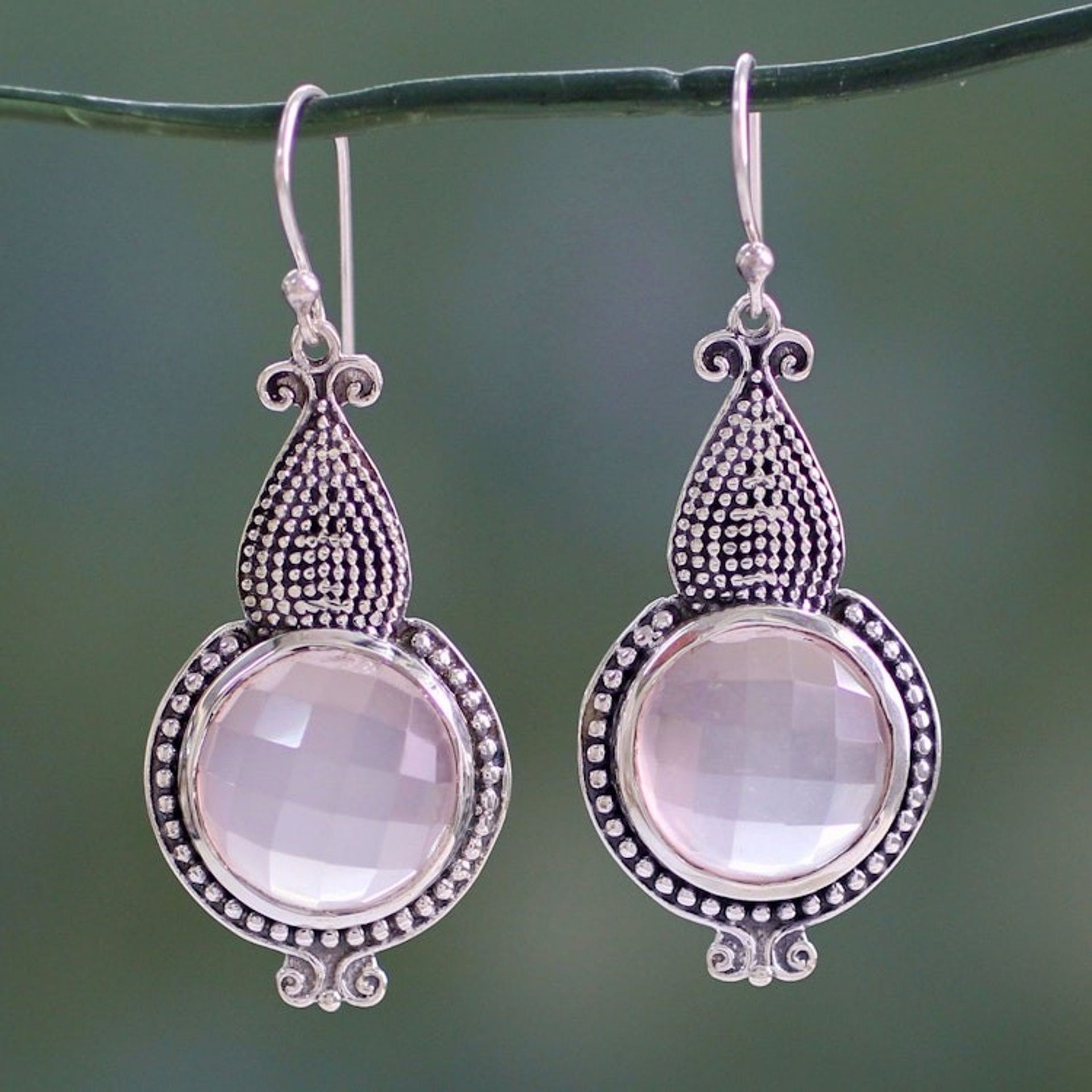 Modern Artisan Crafted Rose Quartz Sterling Silver Earrings 'Misty Glow'