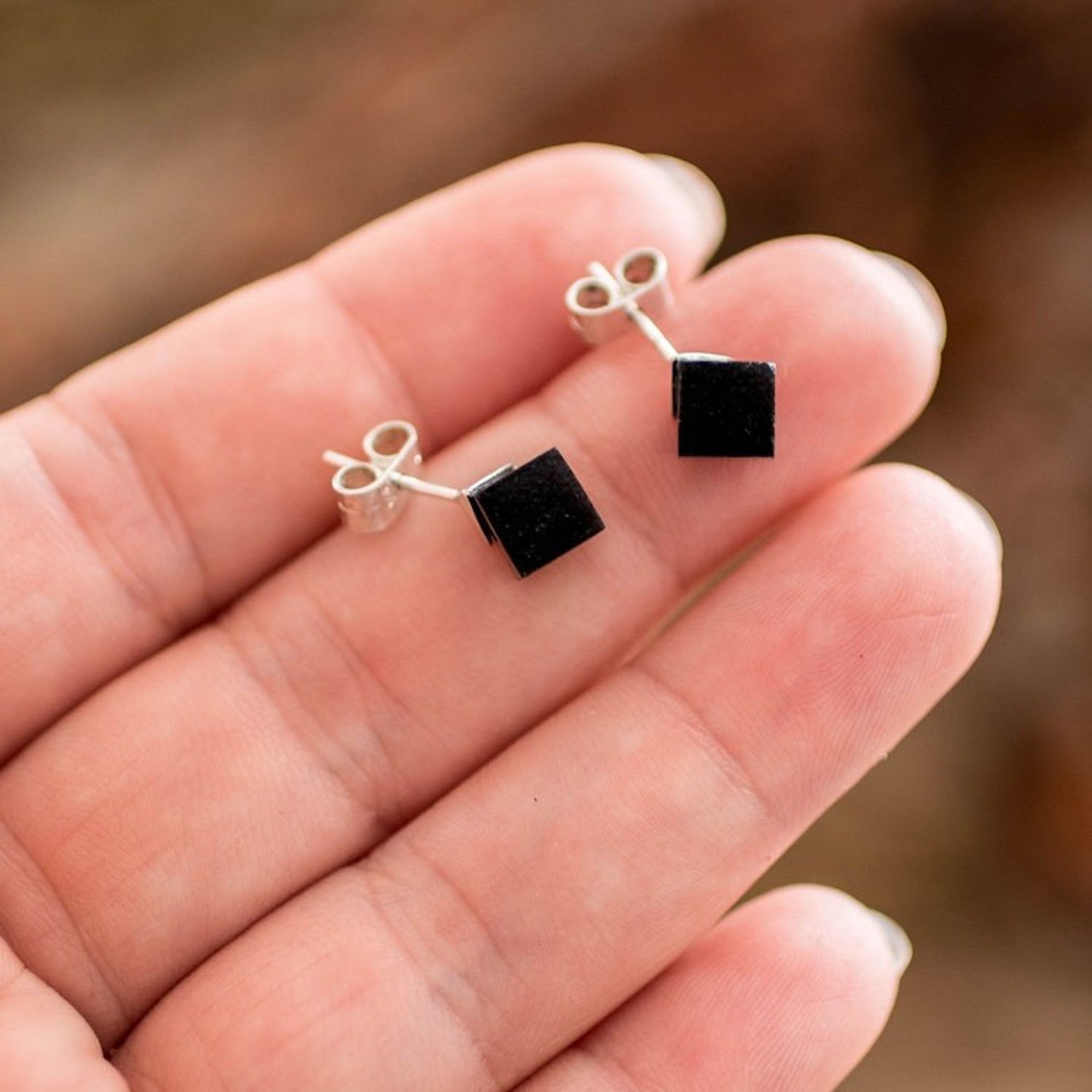 Cube Square Shaped Modern Black Jade Silver Button Earrings 'Black Cube'