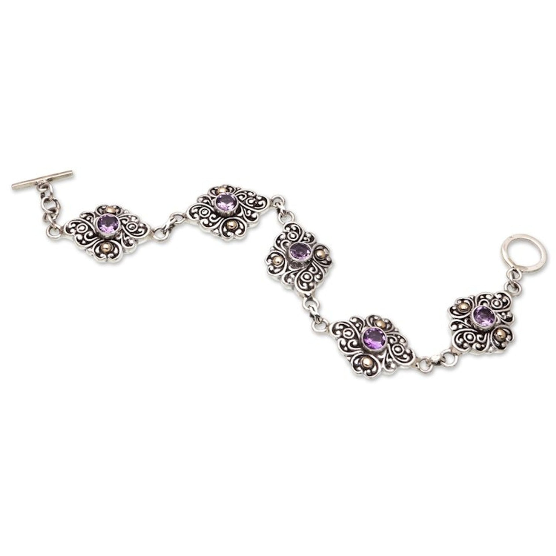 18k Gold-Accented Link Bracelet with Faceted Amethyst Stones 'Wisdom Incantation'