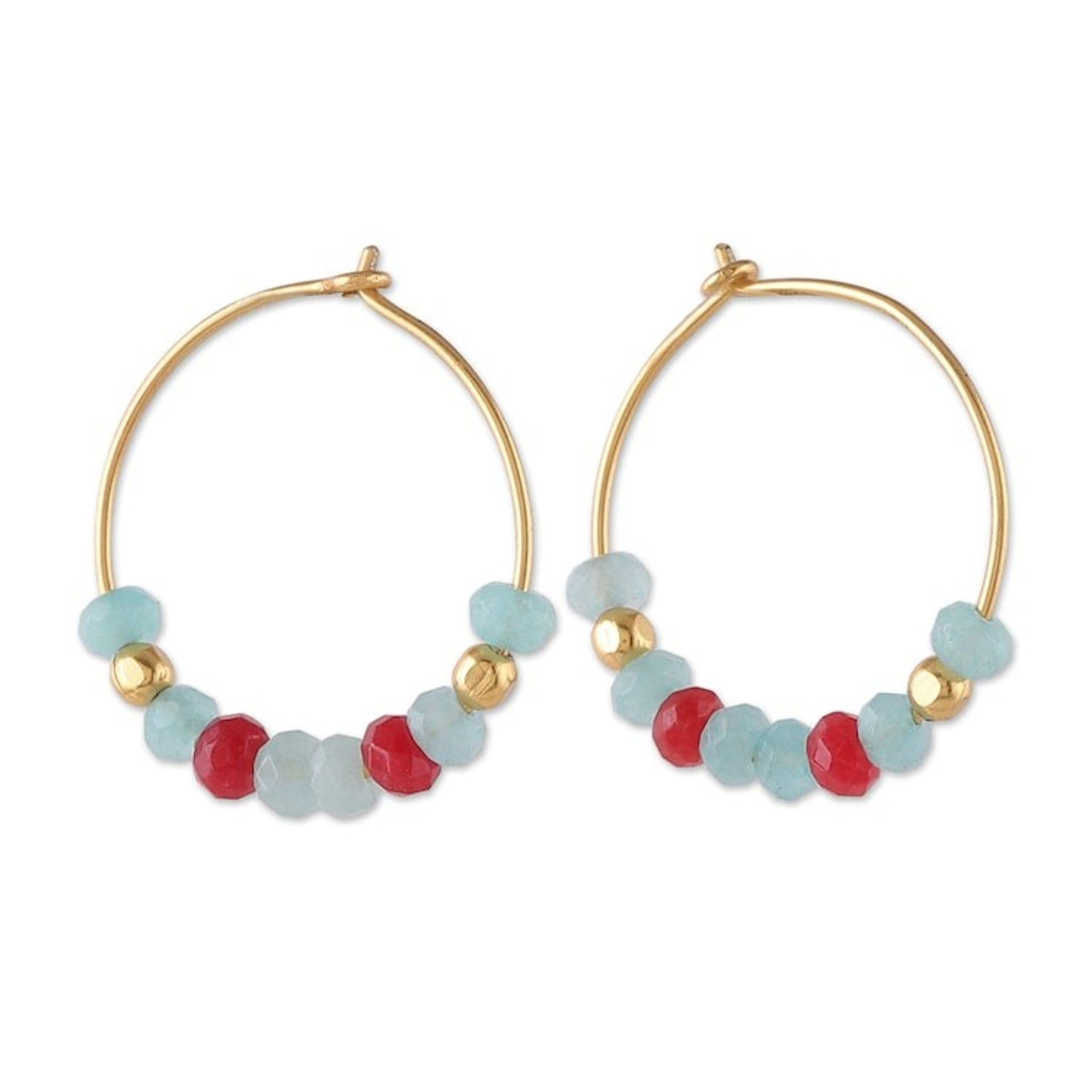 Polished 18k Gold-Plated Chalcedony and Onyx Hoop Earrings 'Gorgeous Cycles'