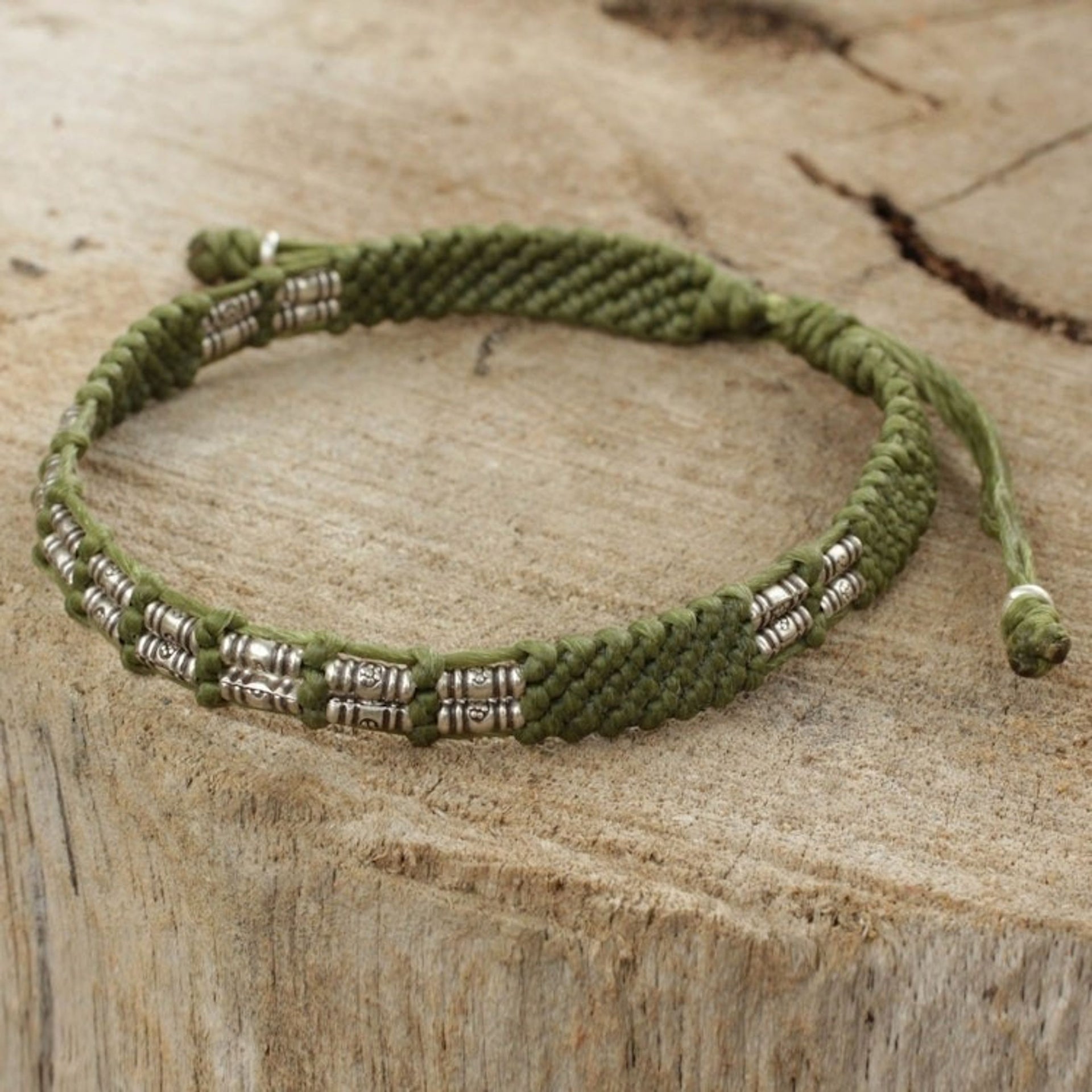 Green Cord Braided Bracelet Handmade in Thailand 'Affinity in Green'