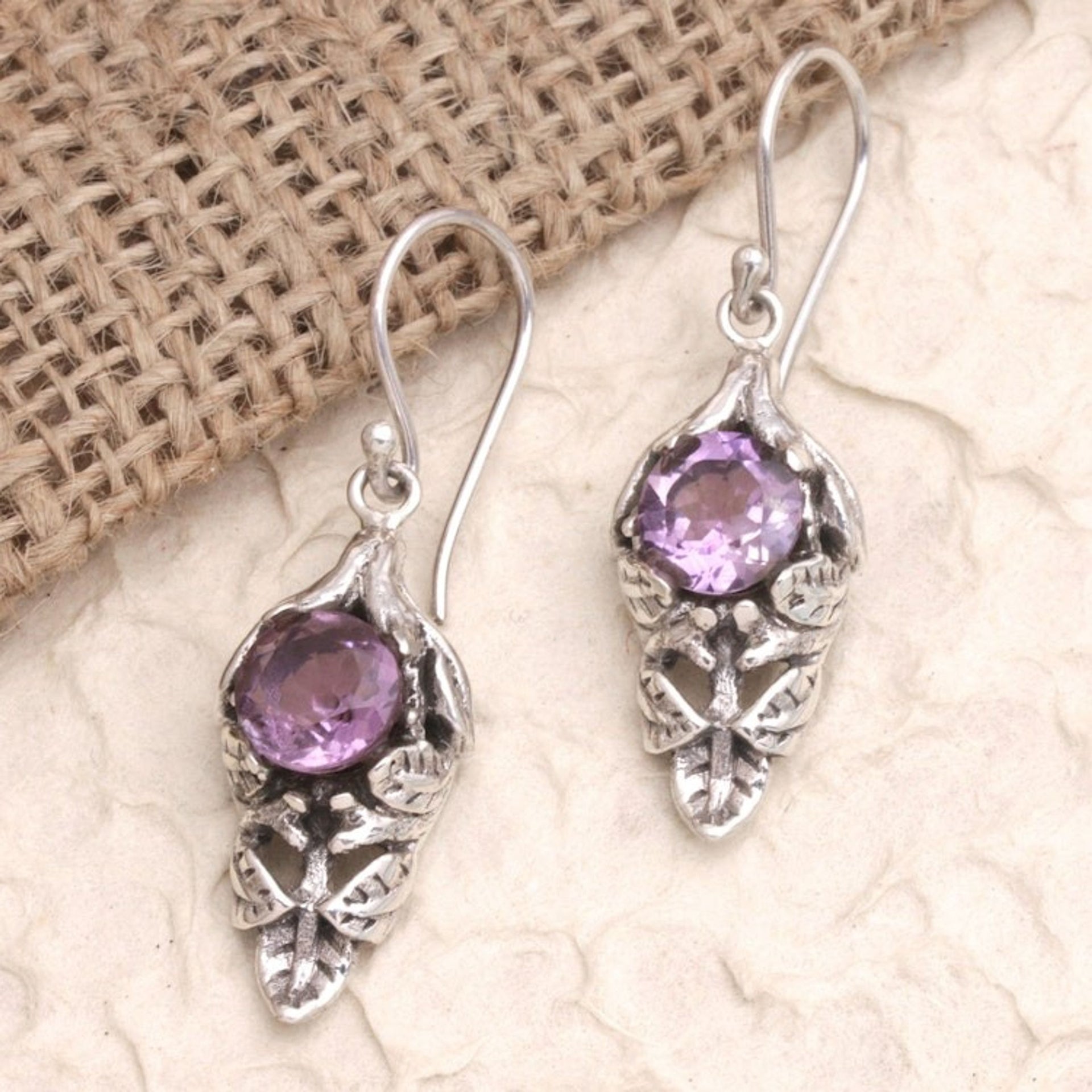 Balinese Amethyst Sterling Silver Leaf Dangle Earrings 'Romantic Bract'