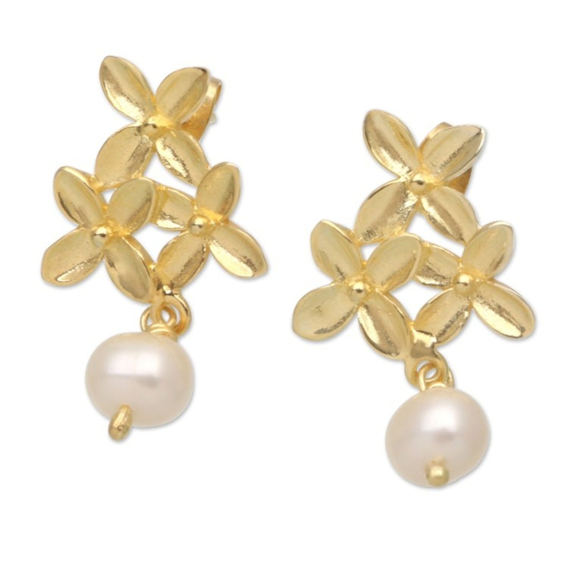 Floral Cultured Pearl Dangle Earrings with 18k Gold Plating 'Golden Bloom'