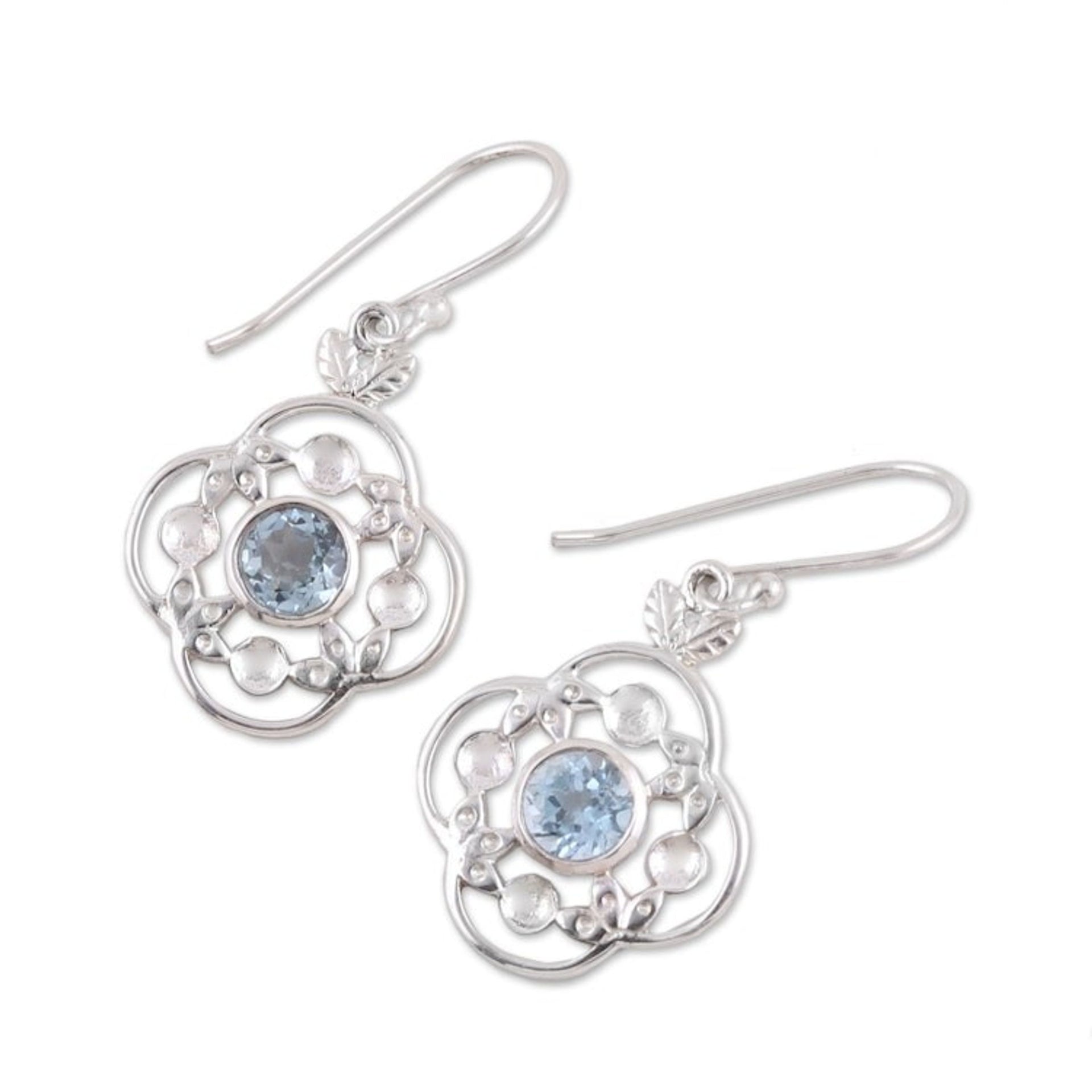 Blue Topaz Sterling Silver Rounded Flower Dangle Earrings 'Flower Circle'