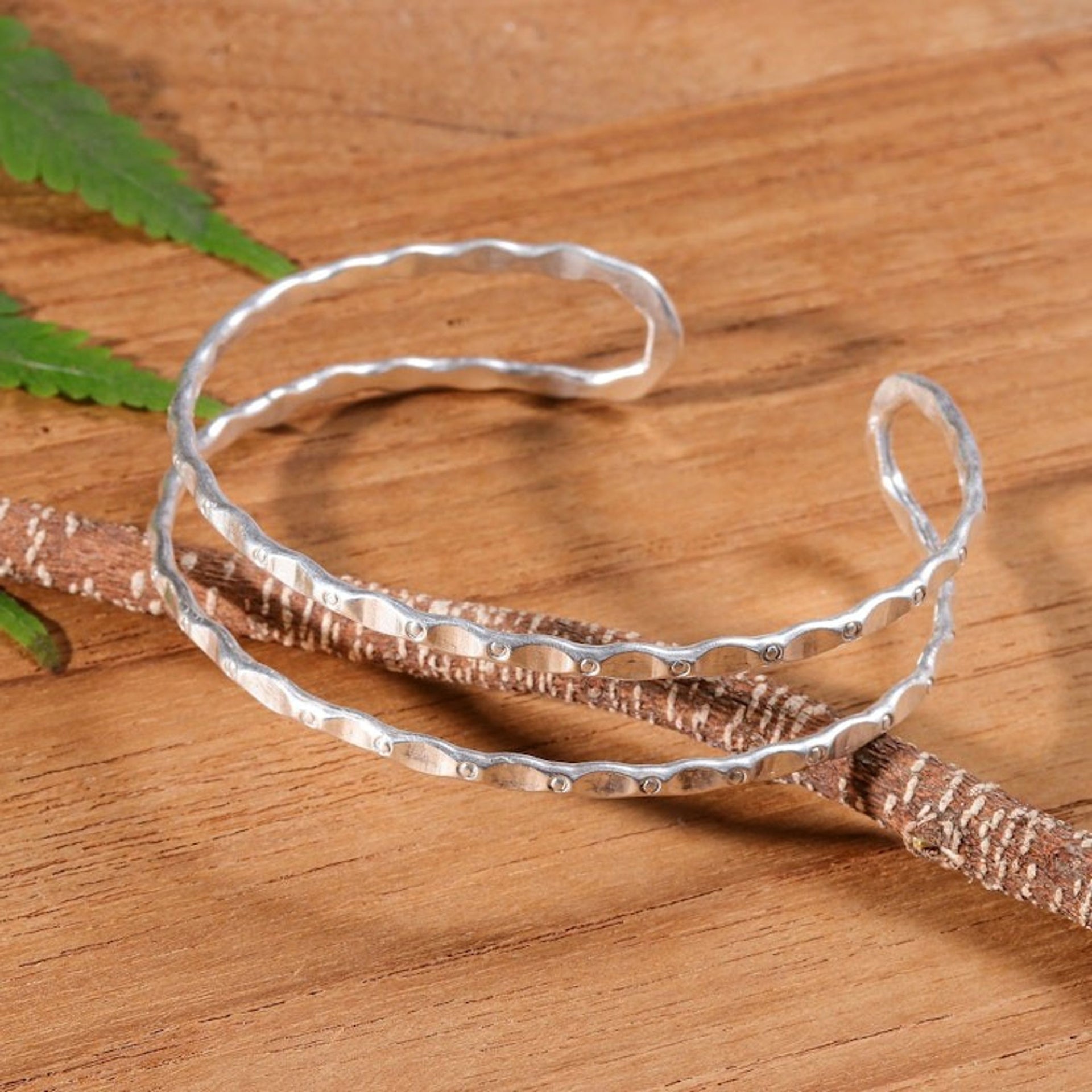 Traditional Artisan-Crafted Sterling Silver Cuff Bracelet 'Speckled Silhouette'