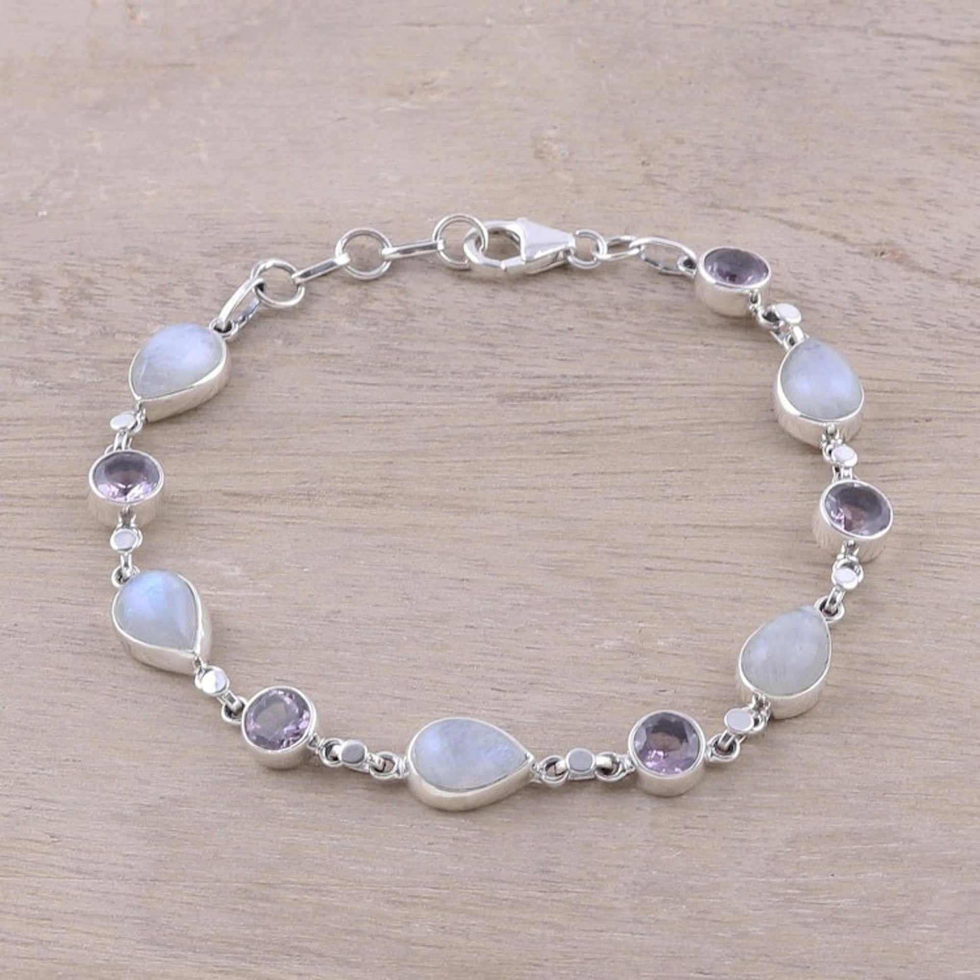 Handmade Amethyst Rainbow Moonstone Link Bracelet from India 'Misty Lilac'