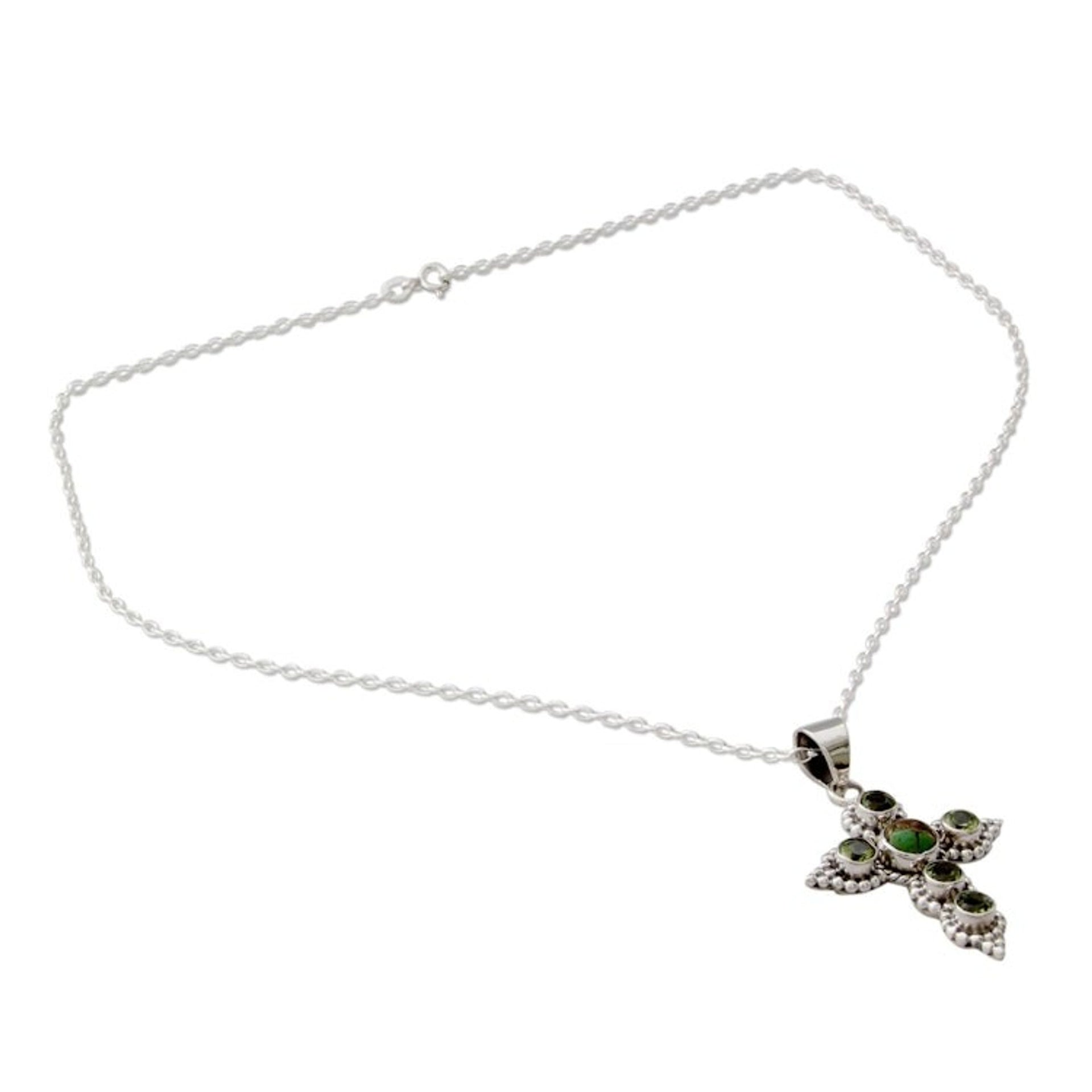 Artisan Crafted Peridot and Sterling Silver Cross Necklace 'Divine Harmony'