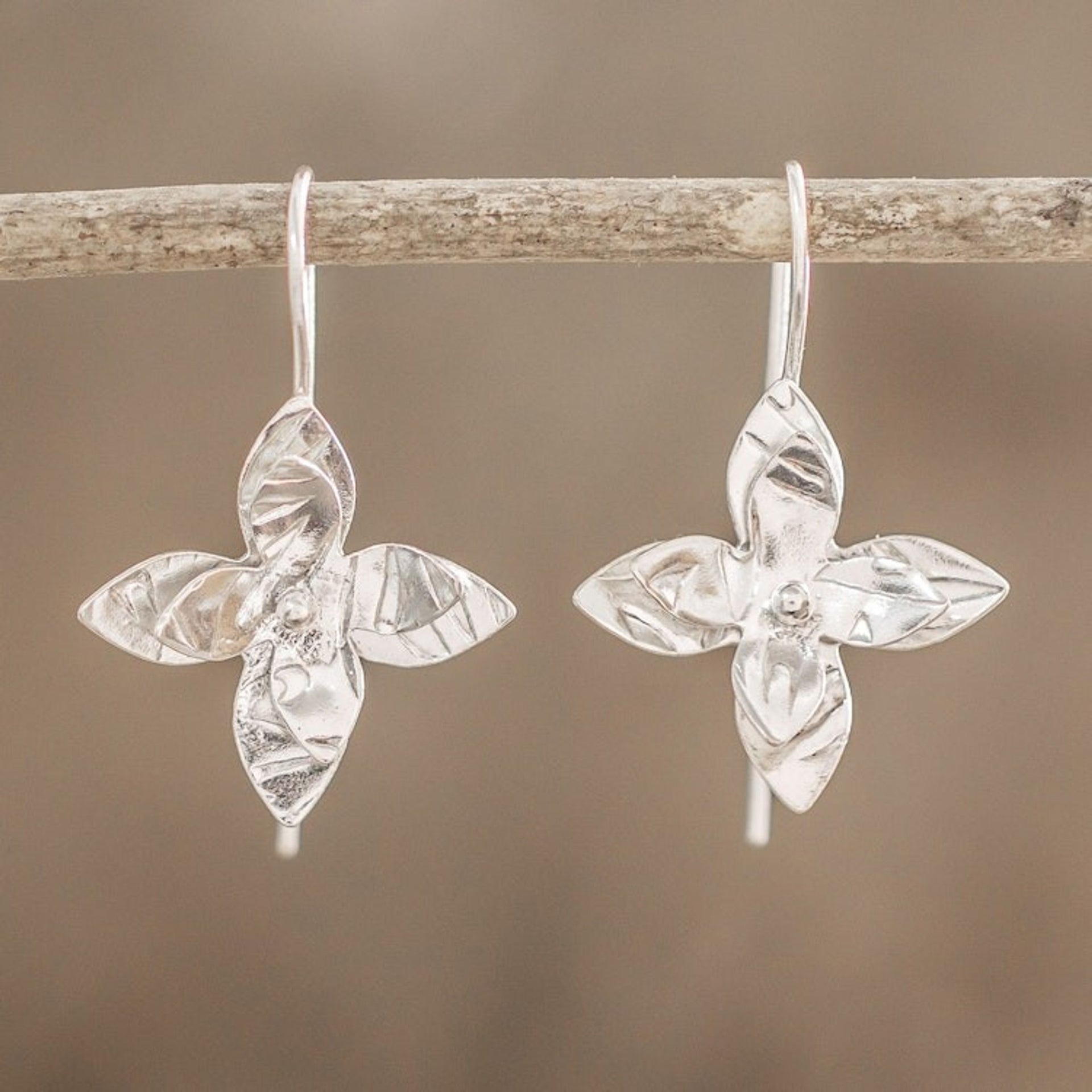 Costa Rican Handmade Sterling Silver Floral Drop Earrings 'Flower Duet'