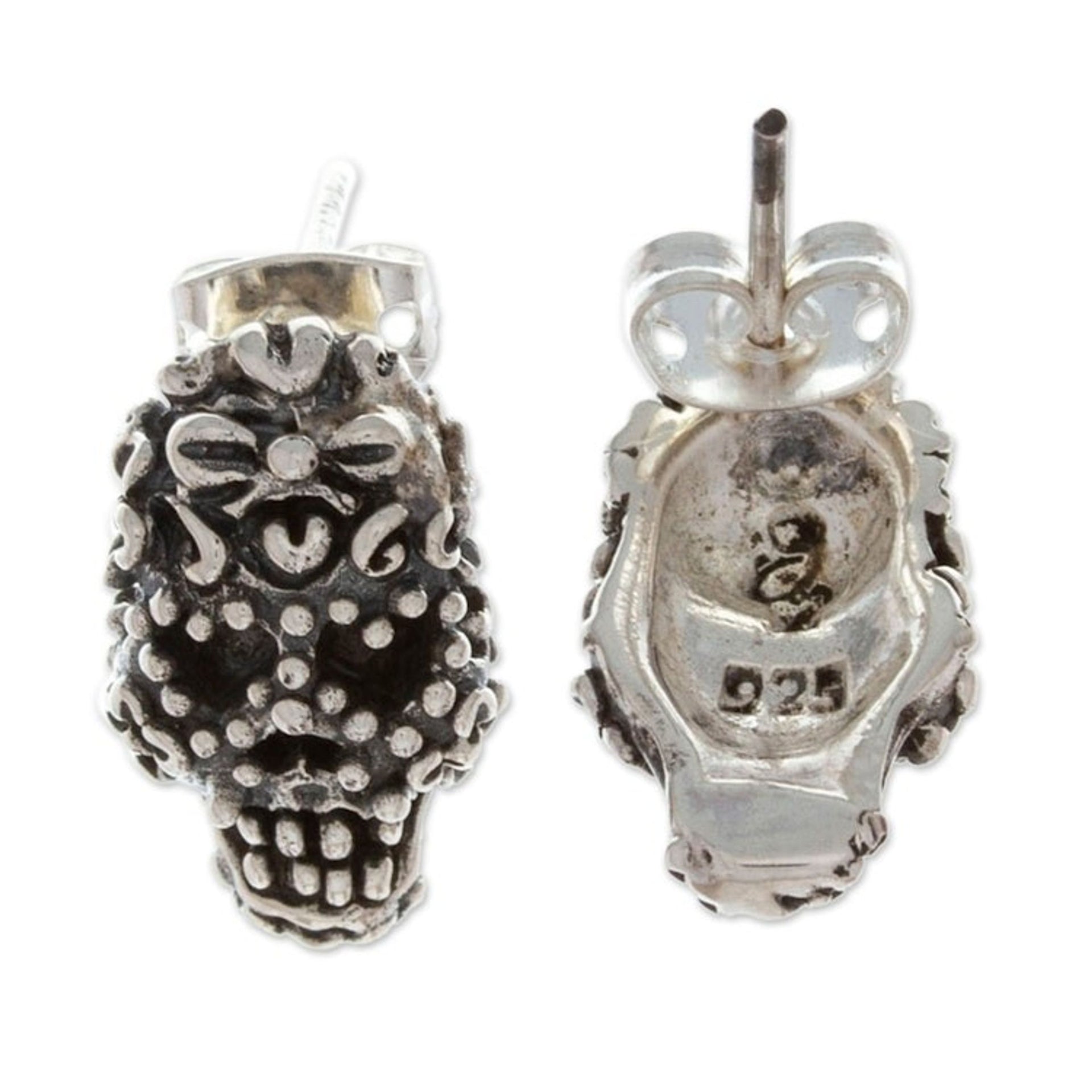 Romantic Day of the Dead Folk Art Skull Button Earrings 'Deadly In Love'