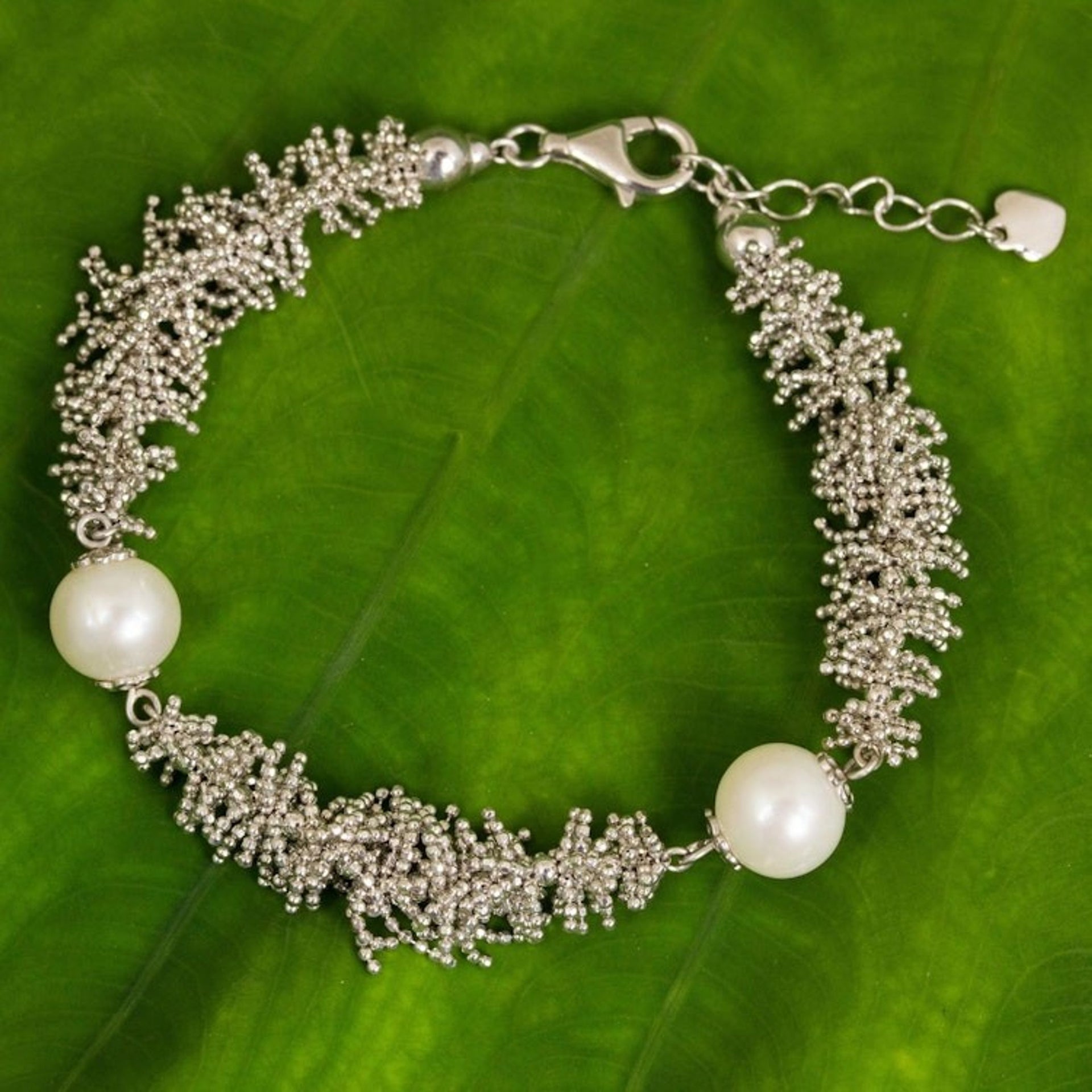 Handcrafted Thai Sterling Silver Bracelet Cultured Pearls 'White Coral Reef'