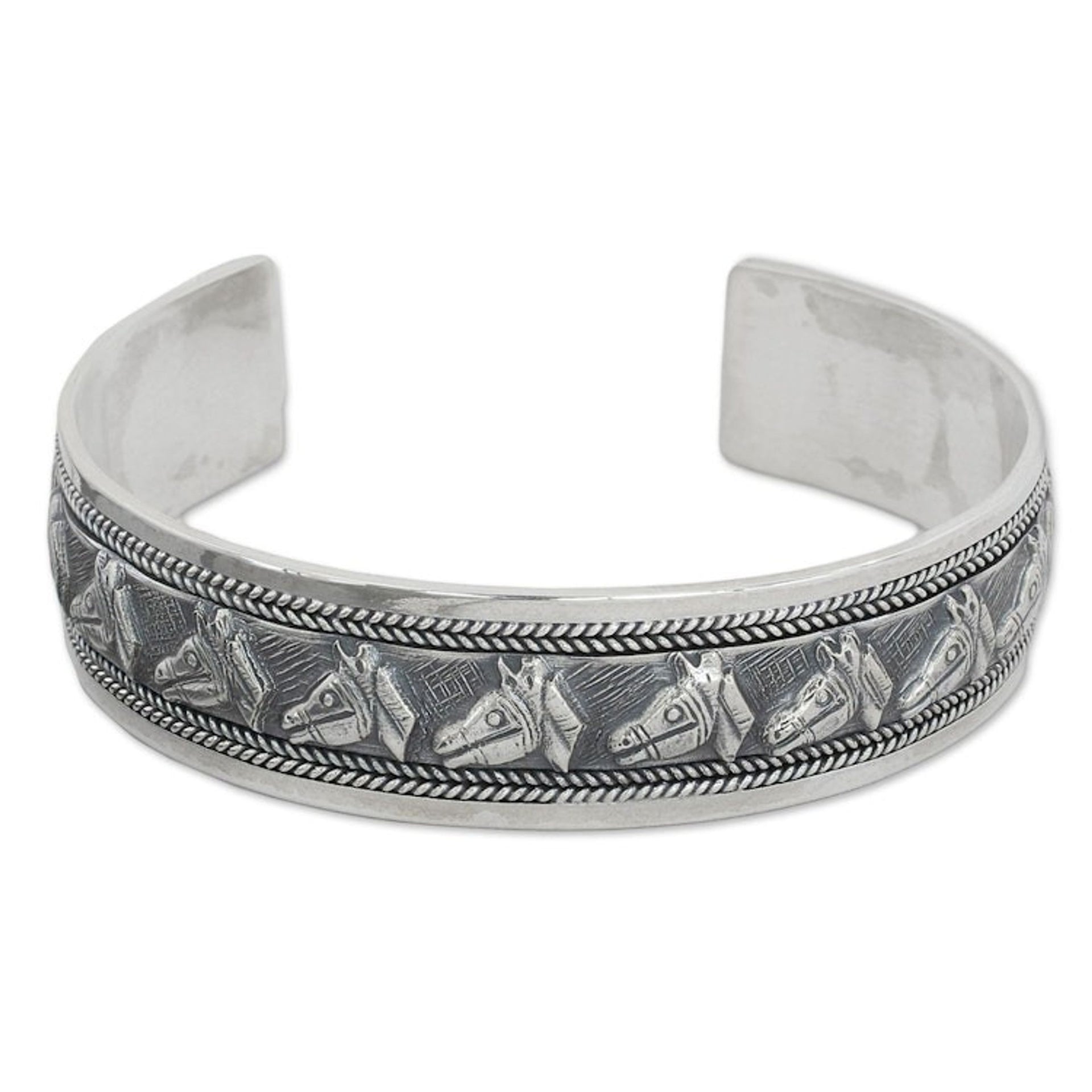 Artisan Crafted Sterling Silver Horse Theme Cuff Bracelet 'Procession of Horses'