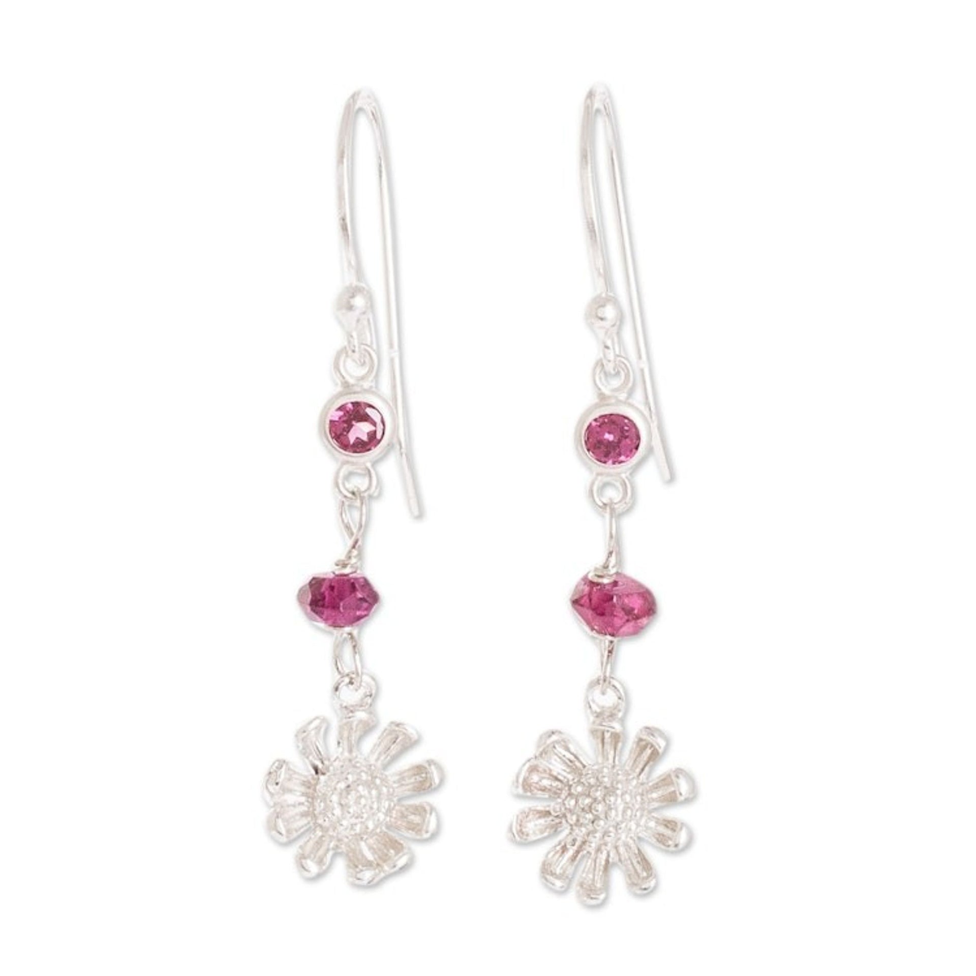 Crystal Beaded Sterling Silver Floral Dangle Earrings 'Burgundy Daisies'
