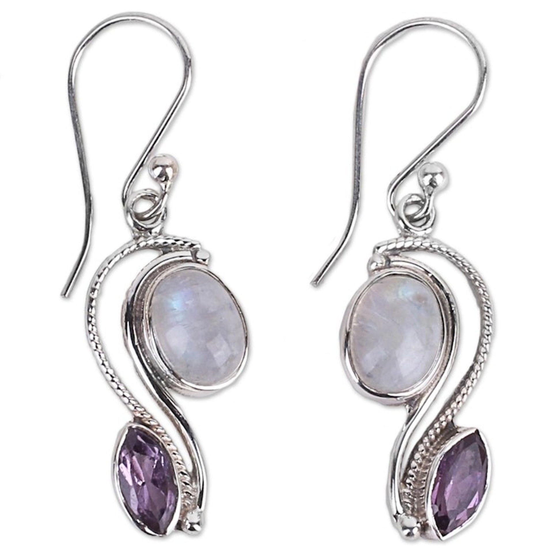 India Handcrafted Amethyst and Rainbow Moonstone Earrings 'Colorful Curves'