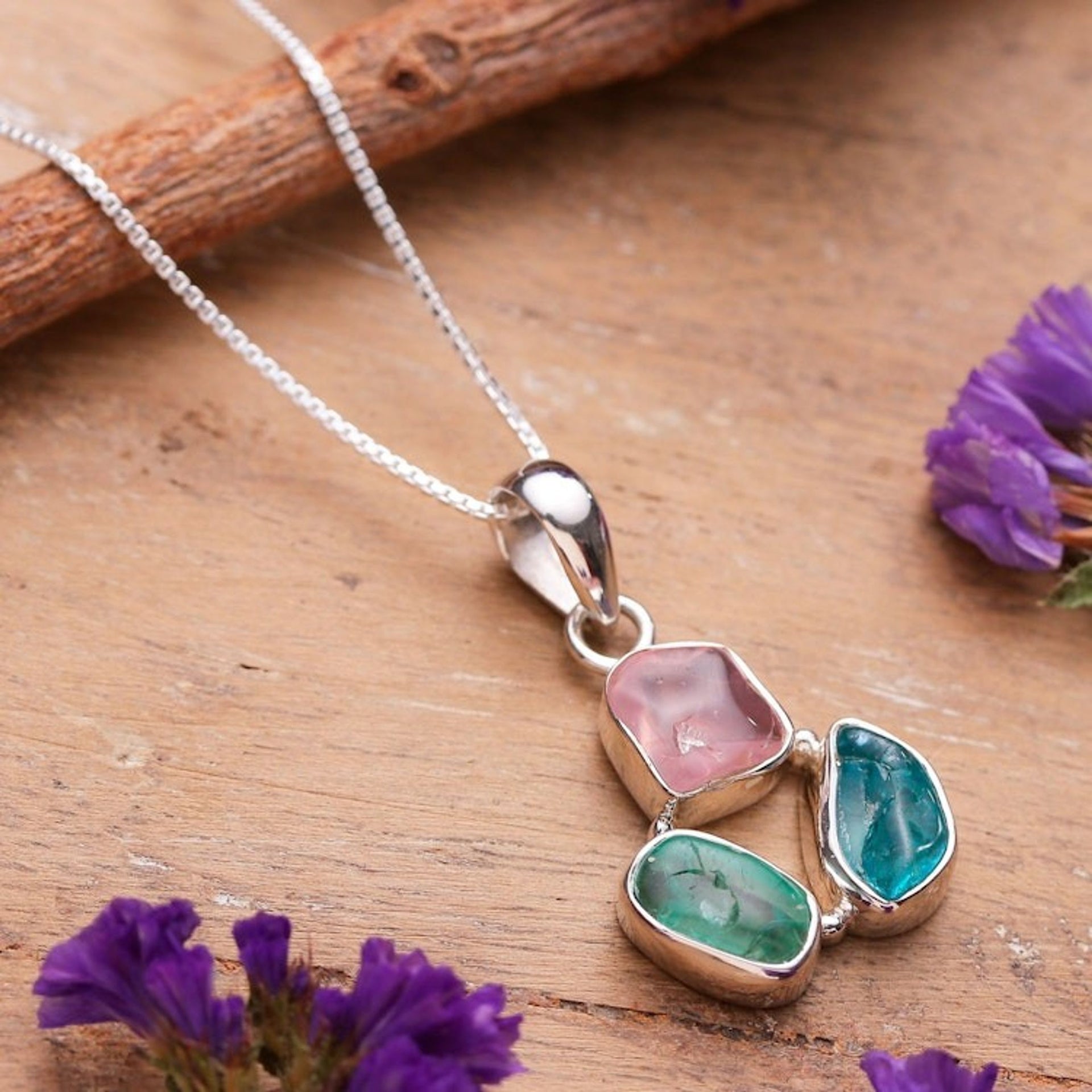 Sterling Silver Apatite and Rose Quartz Pendant Necklace 'Spectacular Trio'