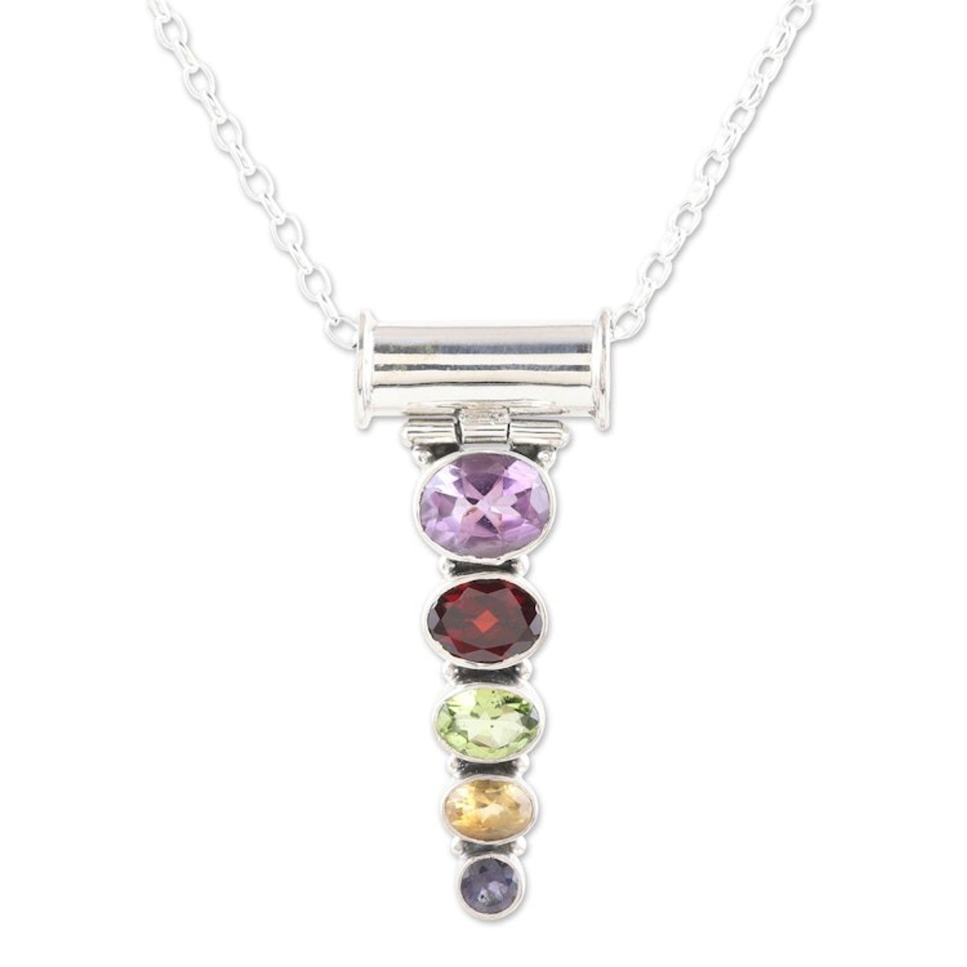 Sterling Silver Pendant Necklace with 5-Carat Gemstones 'Rainbow Stairway'
