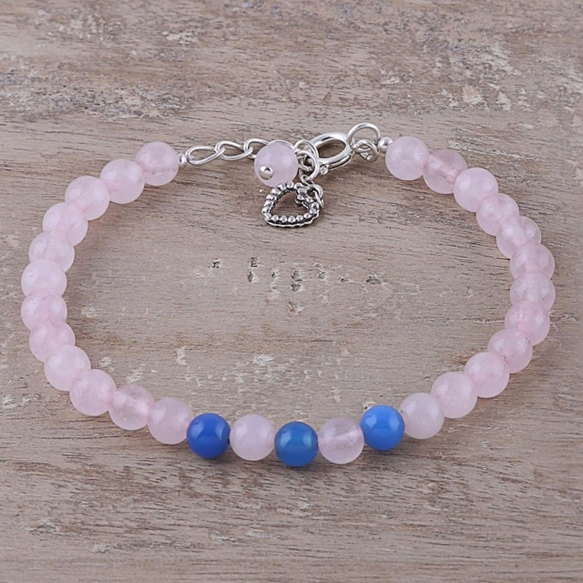 Rose Quartz and Chalcedony Beaded Bracelet from India 'Pretty Love'