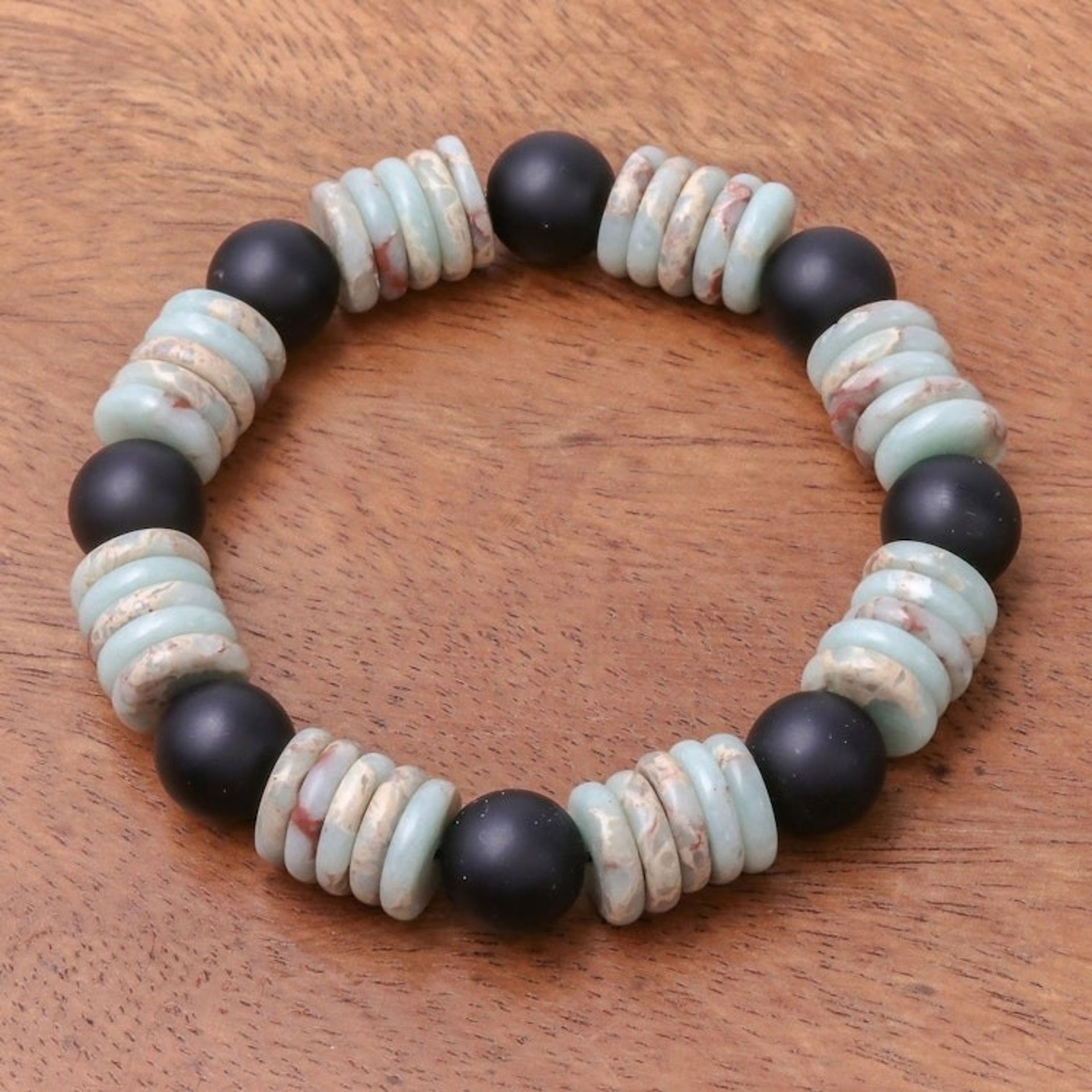 Jasper Disc and Onyx Beaded Stretch Bracelet from Thailand 'Elegant Discs'