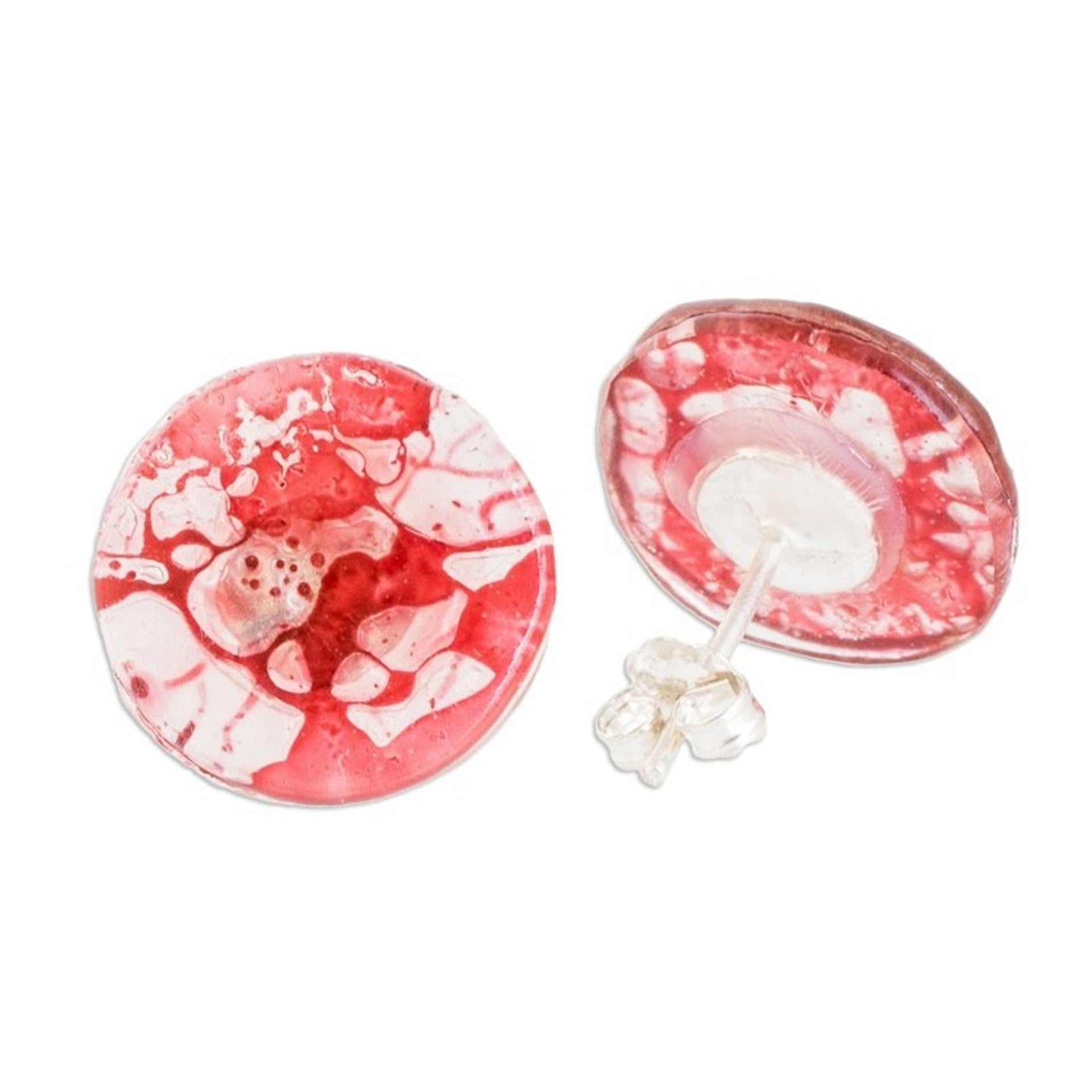 Handmade Eco-Friendly Round Red Recycled CD Stud Earrings 'Red Translucent Illusion'