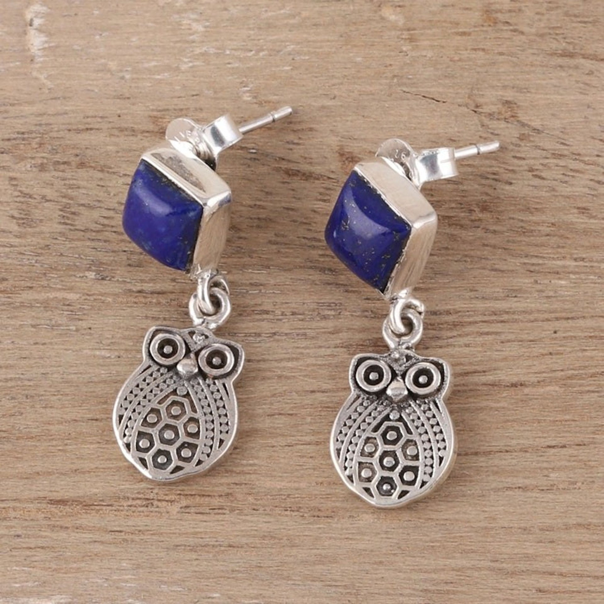 Lapis Lazuli Owl Dangle Earrings from India 'Royal Owls'