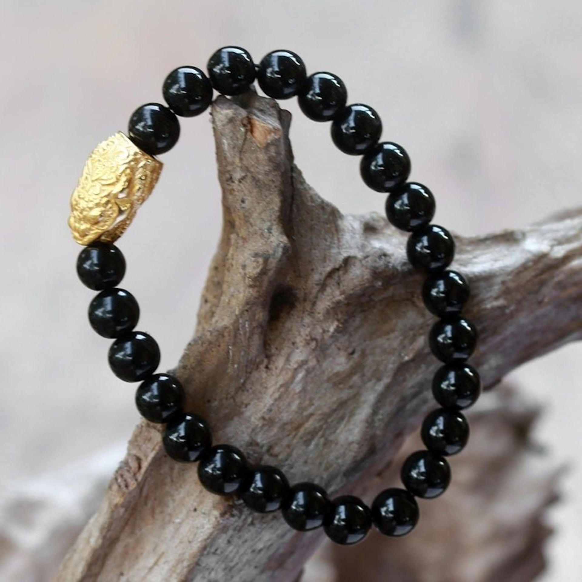 Gold Accented Snake-Themed Onyx Beaded Stretch Bracelet 'Fierce Snake'