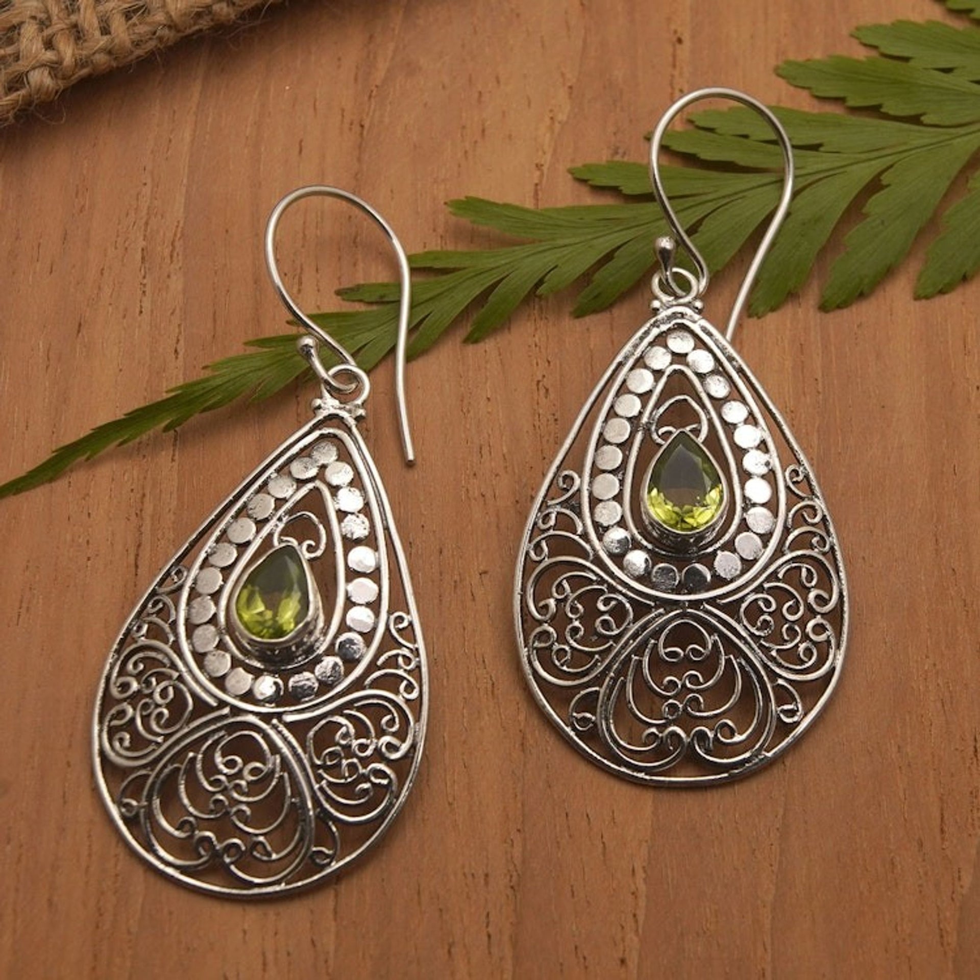 Sterling Silver Dangle Earrings with Natural Peridot Stones 'Mixed Fortune'