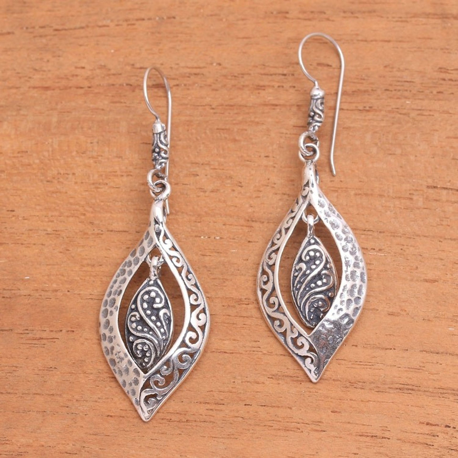 Artisan Crafted Sterling Silver Dangle Earrings from Bali 'Baby Leaves'