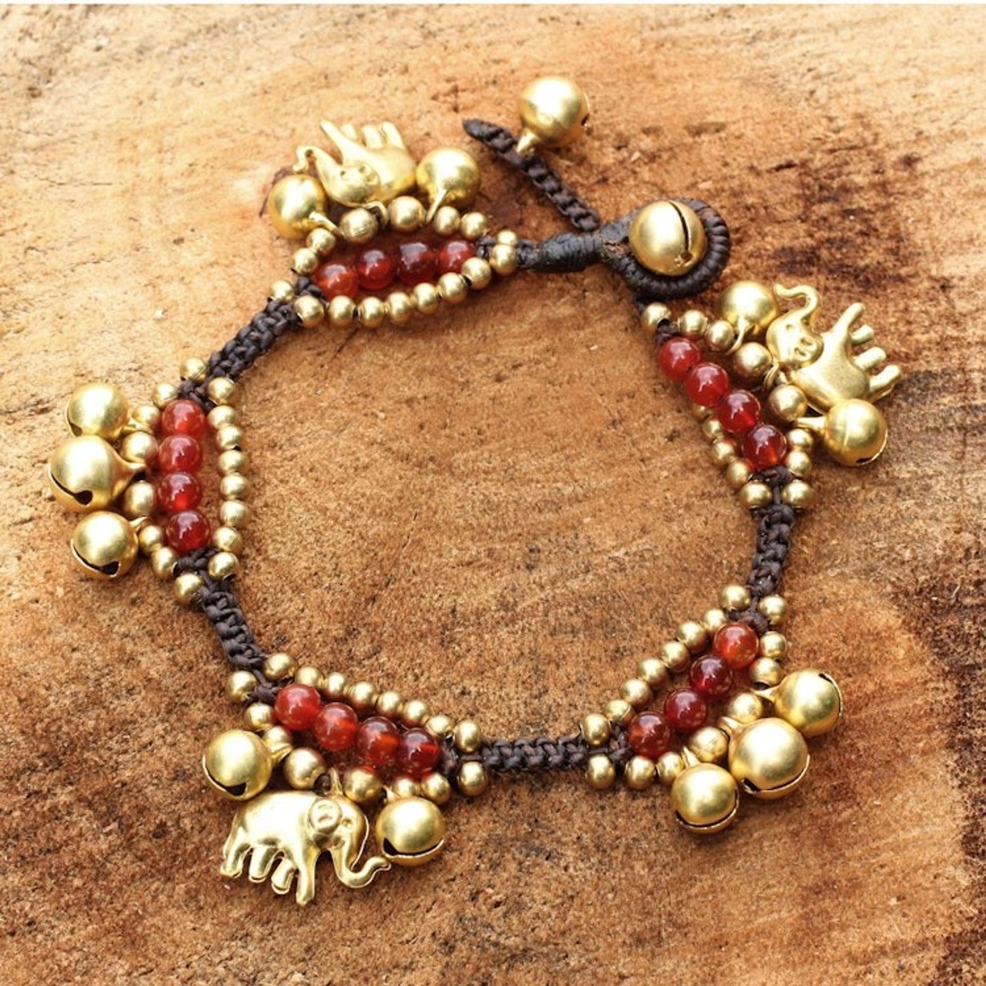 Elephant and Bell Charm Bracelet in Carnelian and Brass 'Fortune's Melody'