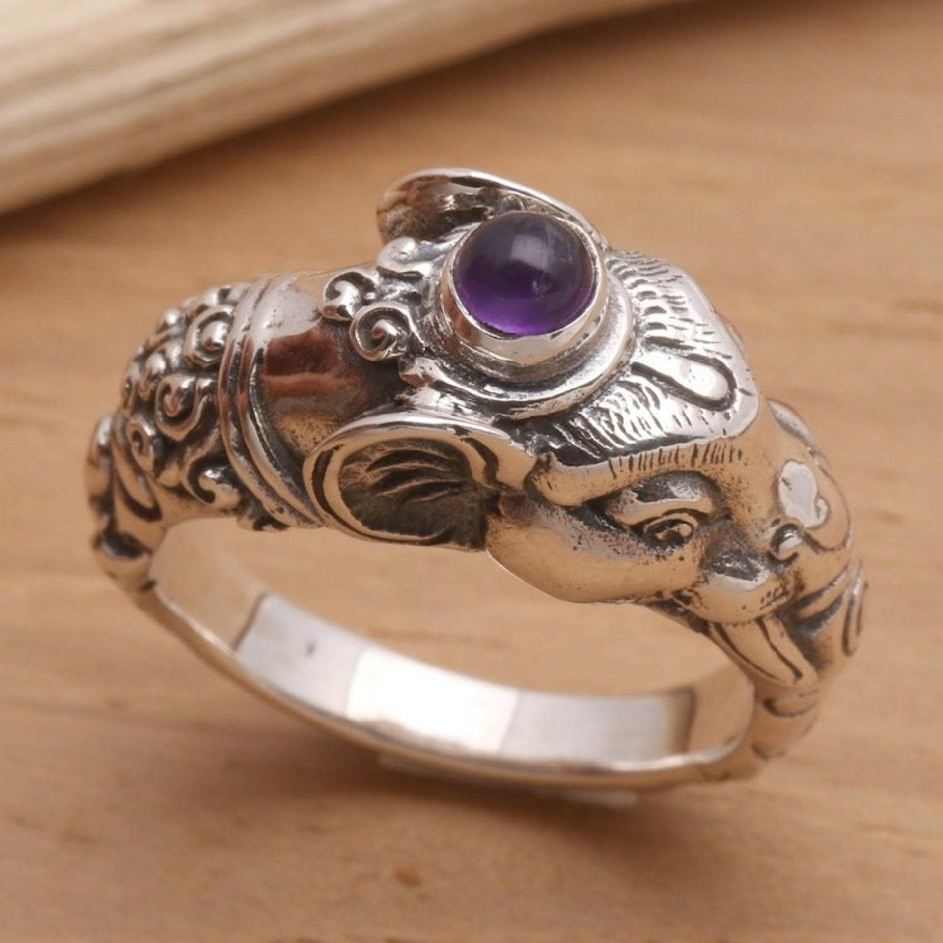 Men's Sterling Silver and Amethyst Ring 'Balinese Elephant'
