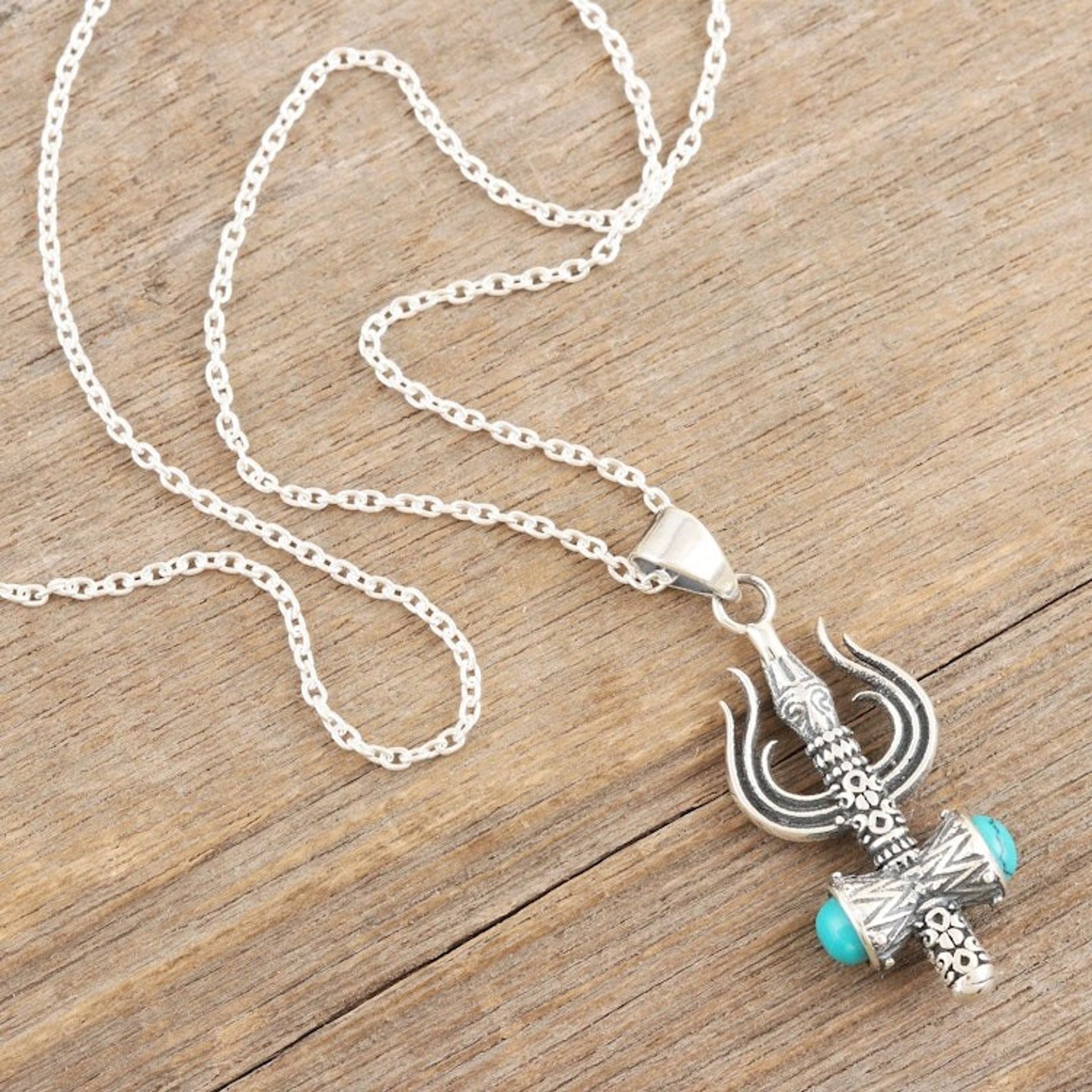 Reconstituted Turquoise Pendant Necklace of Shivas Trishul 'Shivas Trishul'