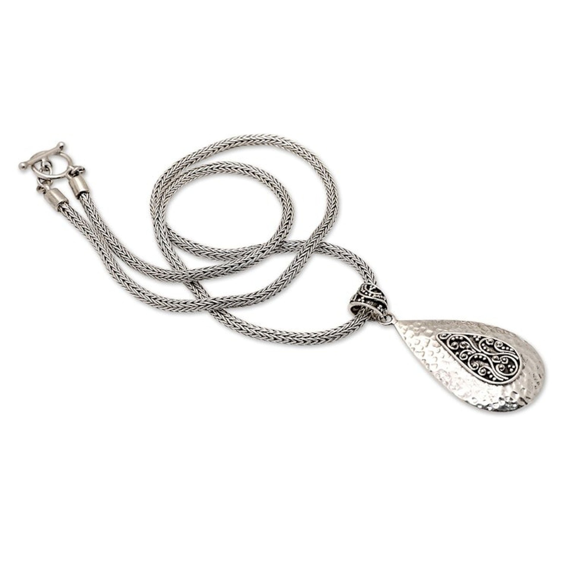 Silver Teardrop Pendant Necklace with Hammered Finish 'Bright Drop'