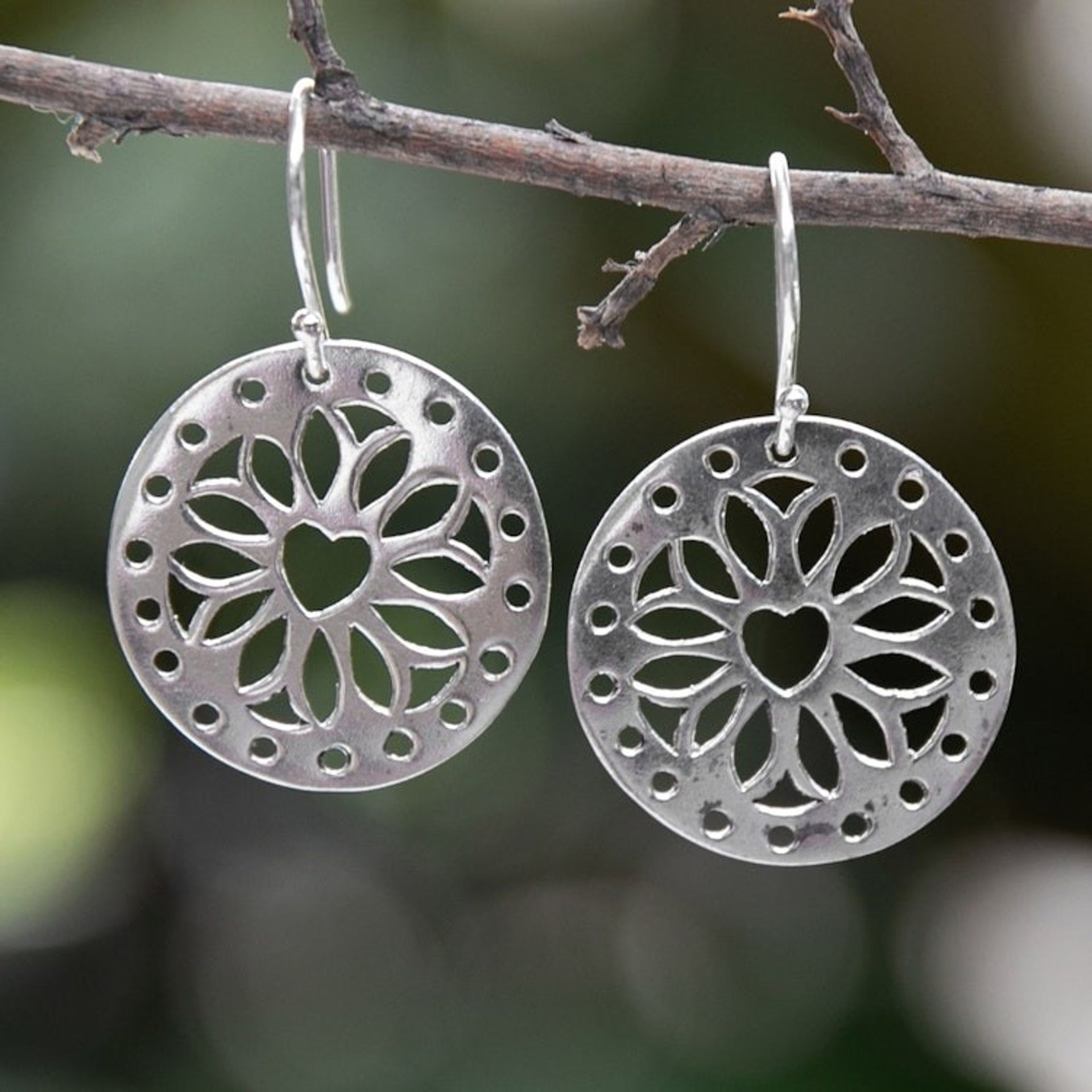 Lotus and Heart-Themed Round Sterling Silver Dangle Earrings 'Lotus Whisper'