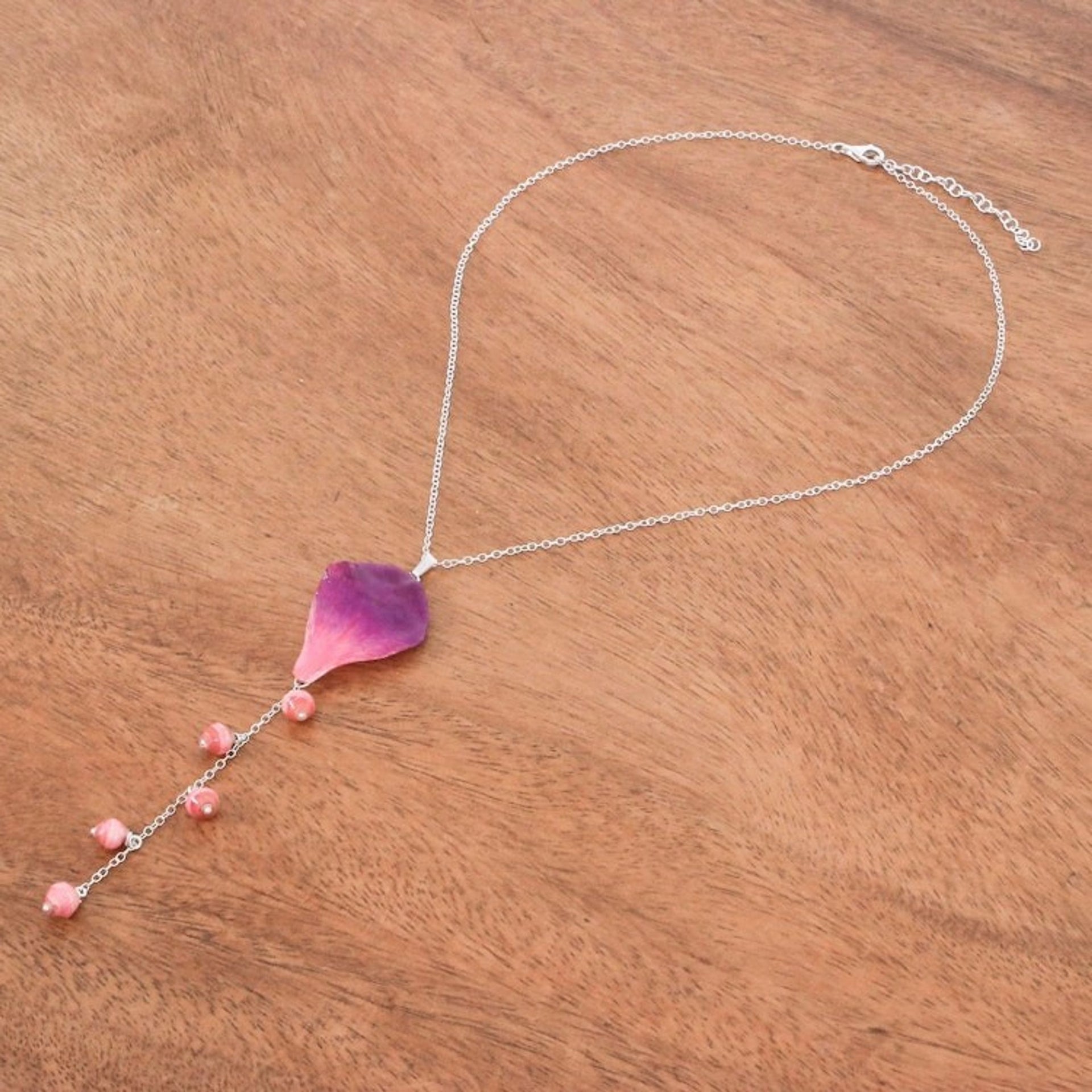 Sterling Silver and Orchid Petal Pendant Necklace 'Bloom Balloon in Fuchsia'