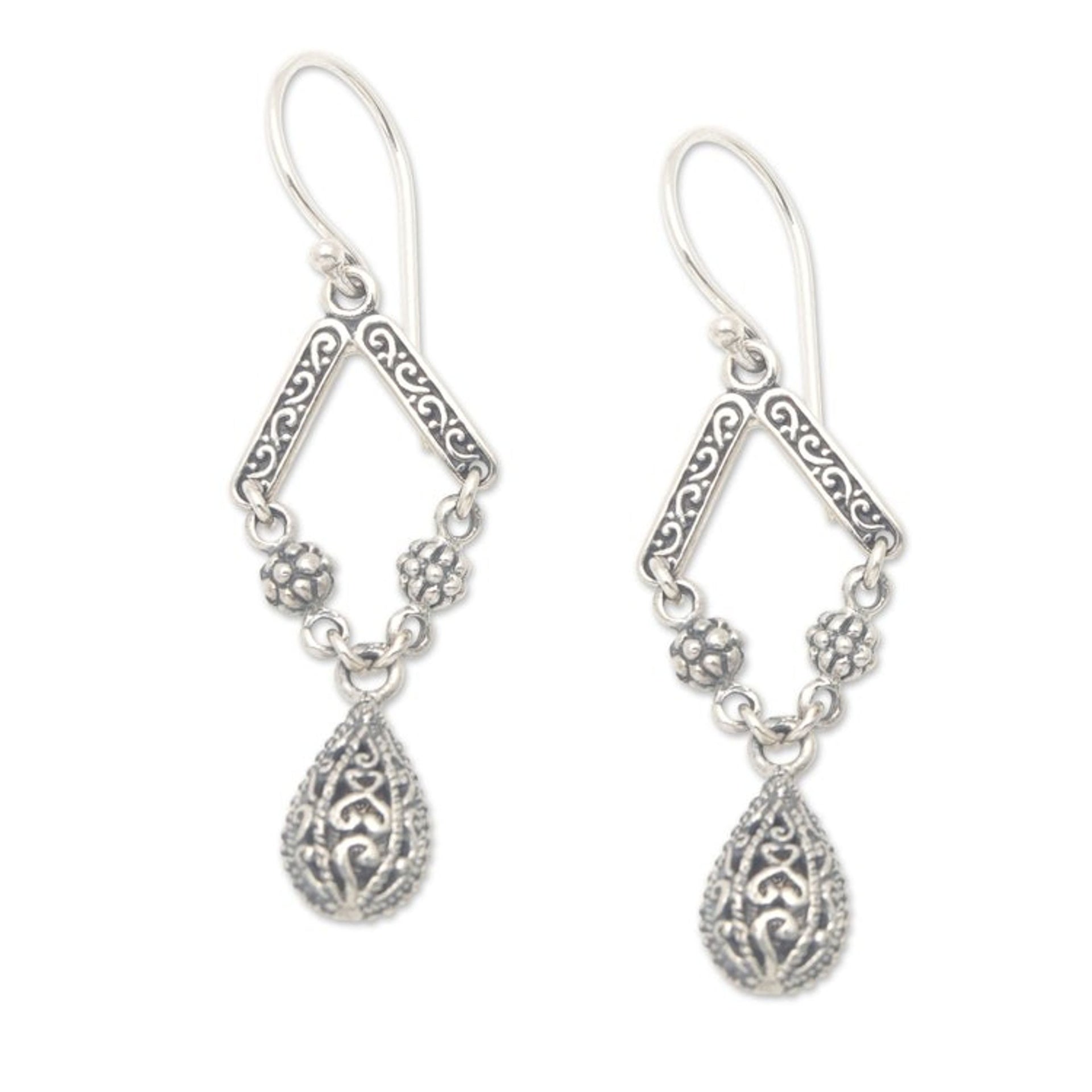 Antique Sterling Silver Dangle Earrings with Balinese Motifs 'Balinese Glam'