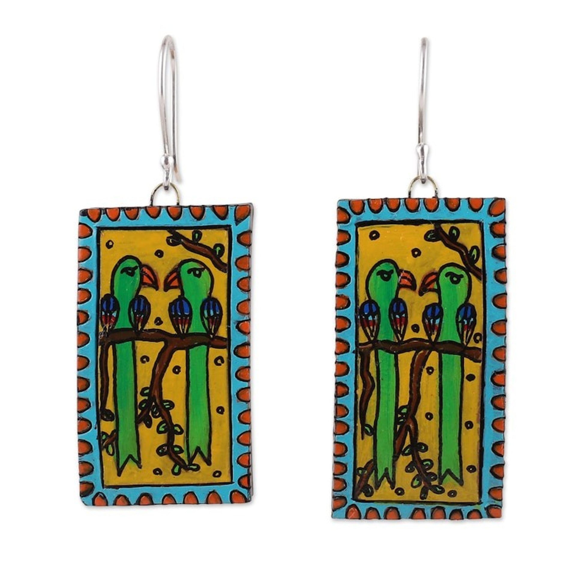 Rectangular Bird Green and Yellow Ceramic Dangle Earrings 'Love Birds'