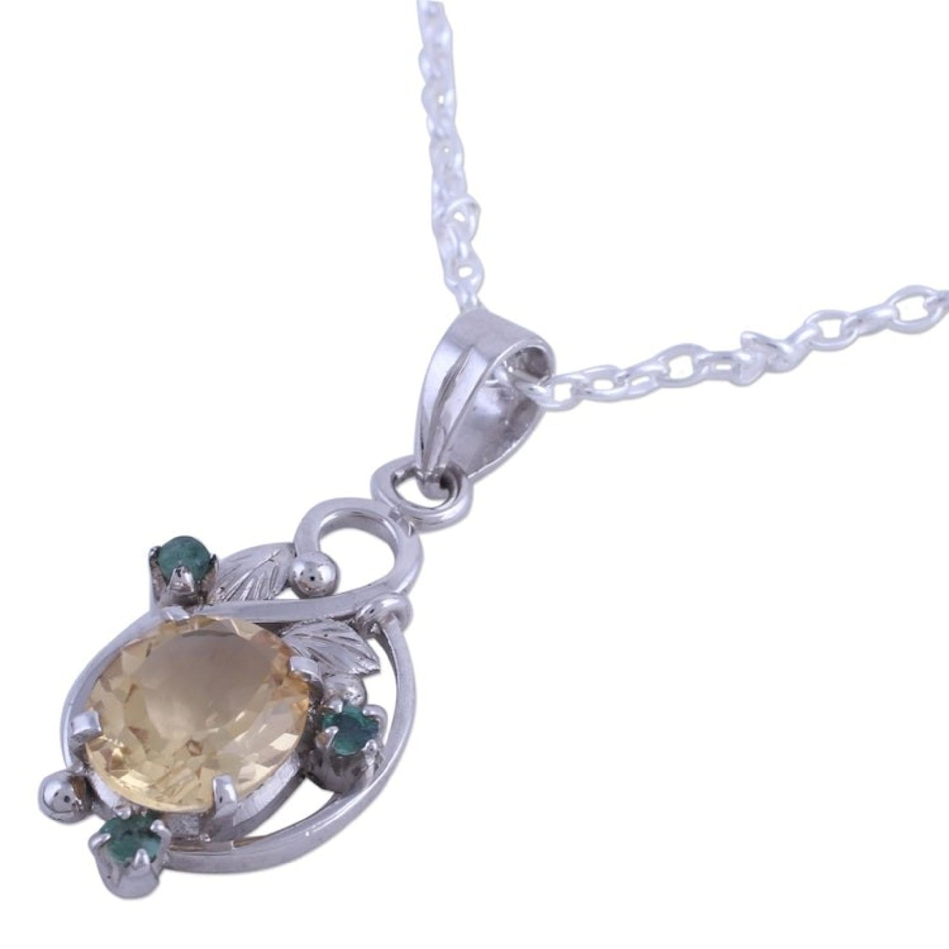 Rhodium Plated Citrine and Emerald Leaf Necklace from India 'Sunshine Bloom'